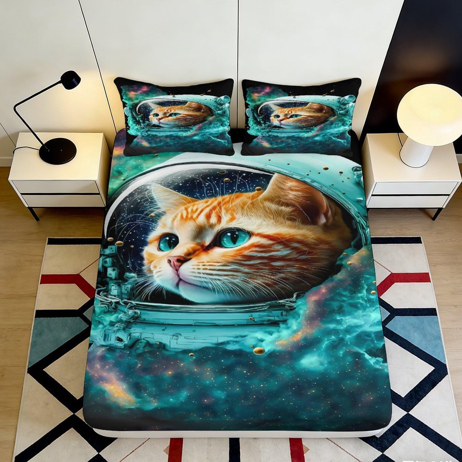 3D Printed Astronaut Cat Fitted Sheet Microfiber Soft Anti-Slip Space Helmet Bed Cover for Bedroom Dorm Mattress Decor 90x200x25cm