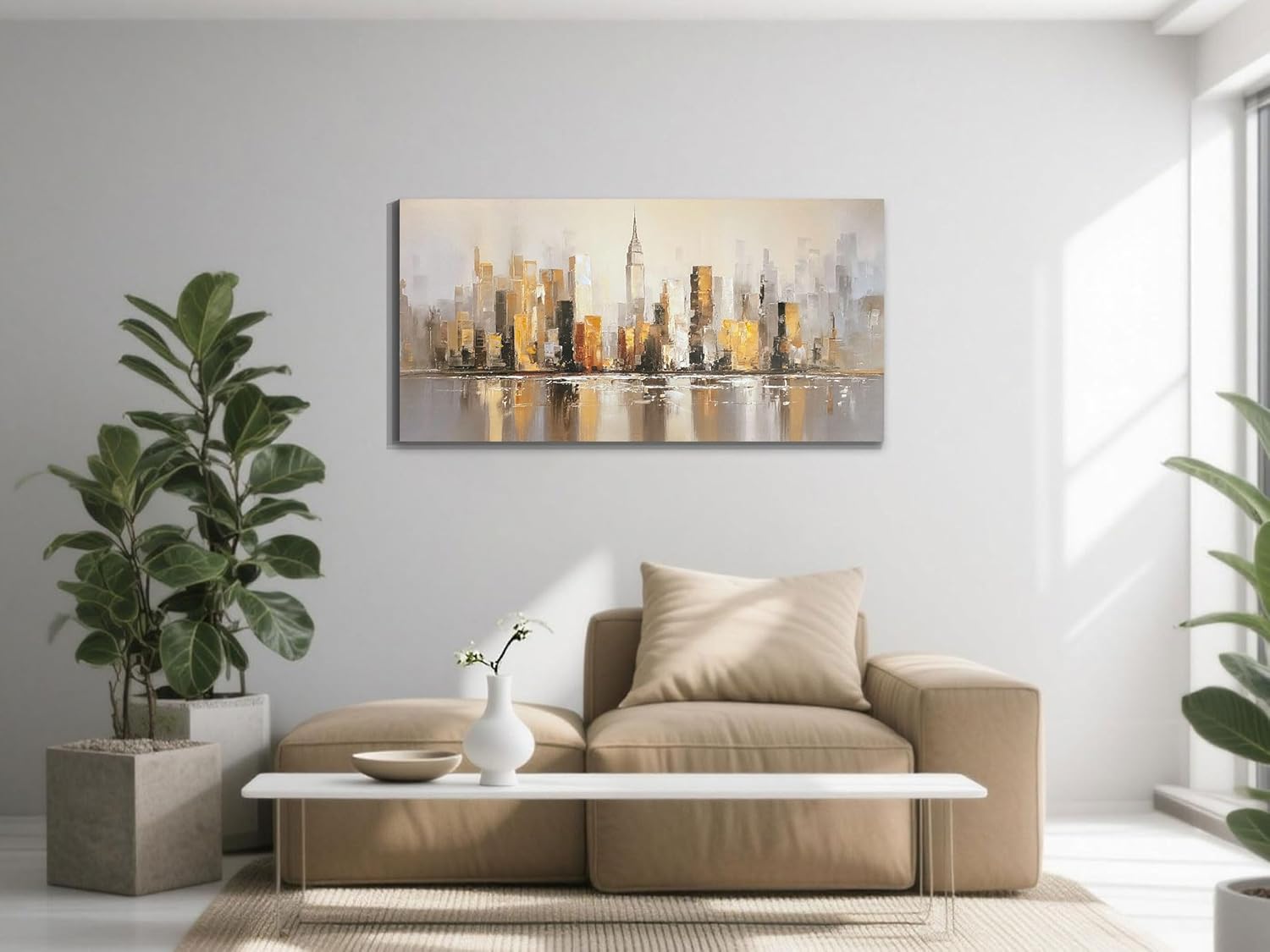 Arjun Abstract Cityscape Canvas Wall Art - Modern New York Skyline Painting Warm Accents, NYC Picture Large Framed Artwork for Living Room Bedroom Home Office Wall Decor 40"x20"
