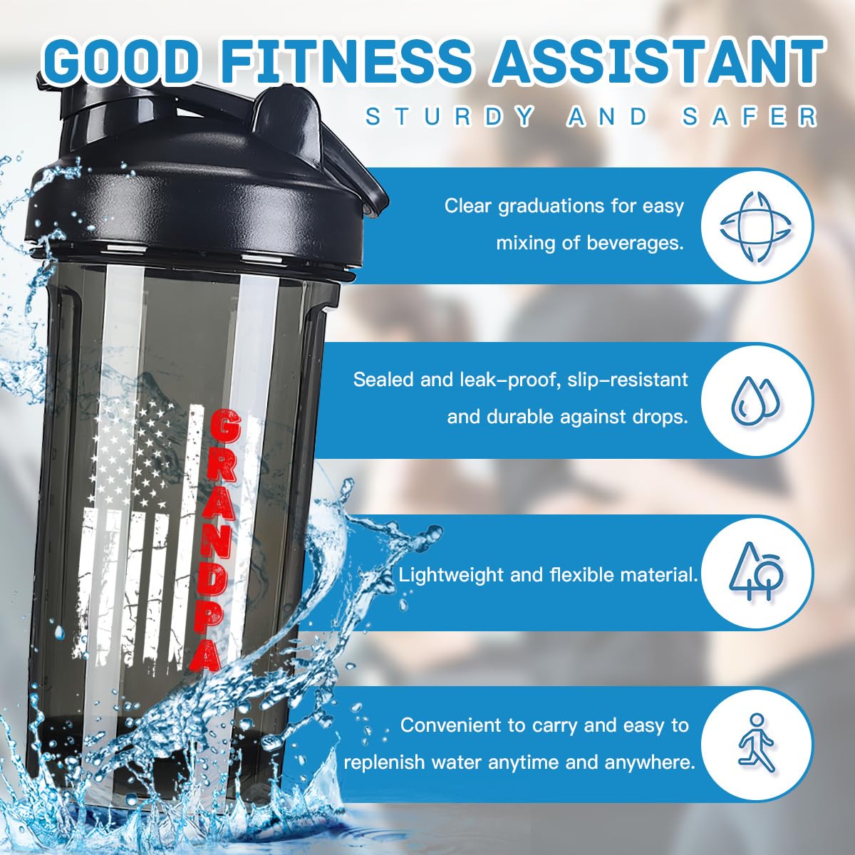 Firefighter Fireman Retired Gradpa America Flag 18 Ounce Shaker Bottle Drink Mixer Leak-proof Pre Workout Protein Shakes Meal Replacement Shakes Bottles 500ML/18 Oz Black