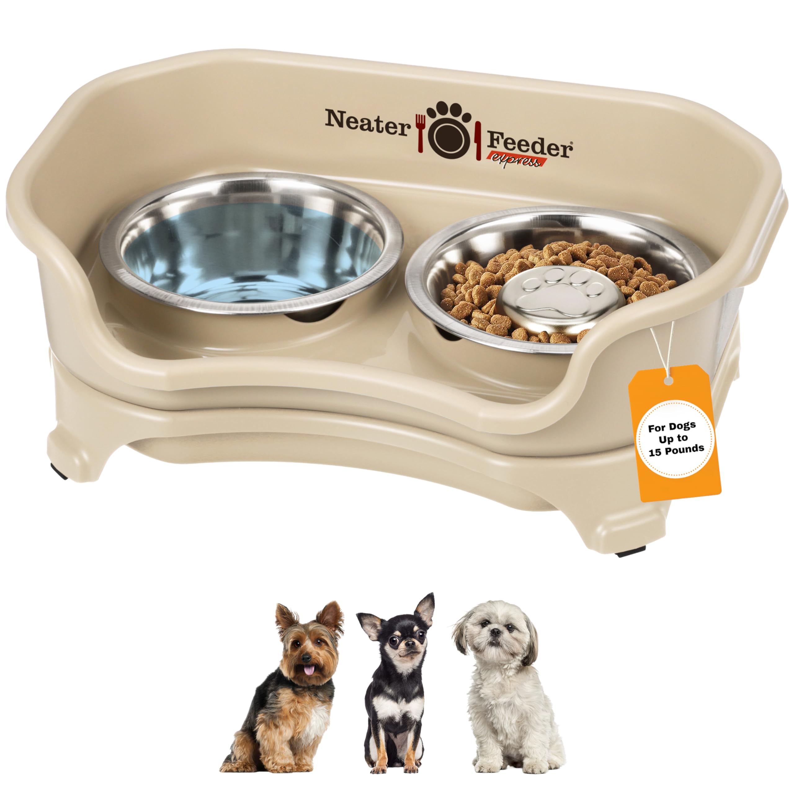 Neater Feeder Express Mess Proof Dog Bowls Elevated for Small Breed – Made in USA – No Spill Raised Slow Feeder Elevated Dog Bowl Stand, Stainless Steel Food and Water Bowl Set, Almond