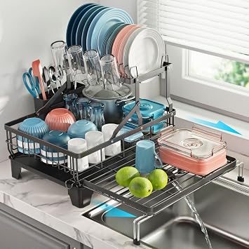 iSPECLE 2 Tier Dish Drying Rack - Expandable Over Sink & Counter Use, Black | 360 Rotating Drain Spout, Stable Screw-Fixed, Cup & Utensil Holder, No-Install Upper Tier, Large Capacity, Rust-Resistant