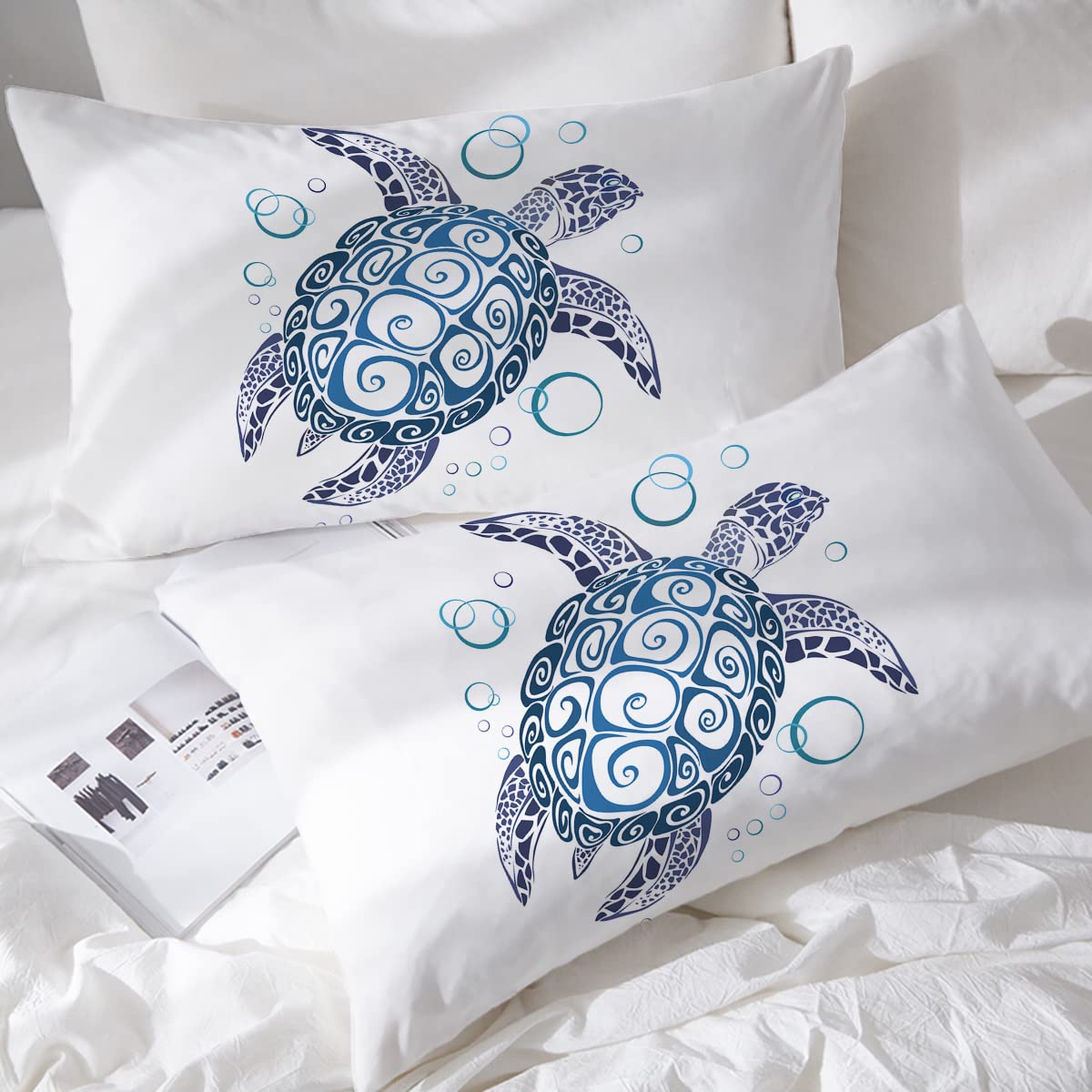 BlessLiving Turtle Pillow Cases Set of 2 - Teal Blue Throw Pillow Cover King (20" x 36"), Pillowcases 2 Pack, Tropical Turtle Decorative Throw Pillow