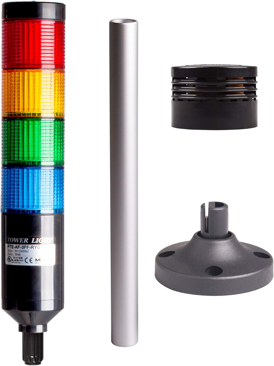 PTE-APB-4FF-RYGB-B, Tower Light Kit, 56mm Modular LED, Red/Yellow/Green/Blue lens 4 stacks, Steady, Black body, 25" Lead wires, 90-240VAC, including 240mm Aluminum pole + Plastic base + 80dB Buzzer