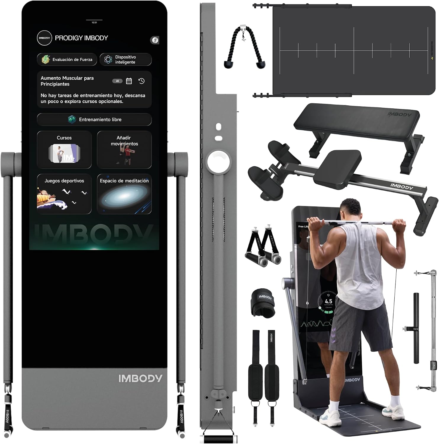 Power S Pro – Gimnasio en Casa Inteligente con Pantalla 43”, Multiestación 120 kg, 650 Entrenamientos, Spotter IA y Remo; Equivale a 260 Máquinas