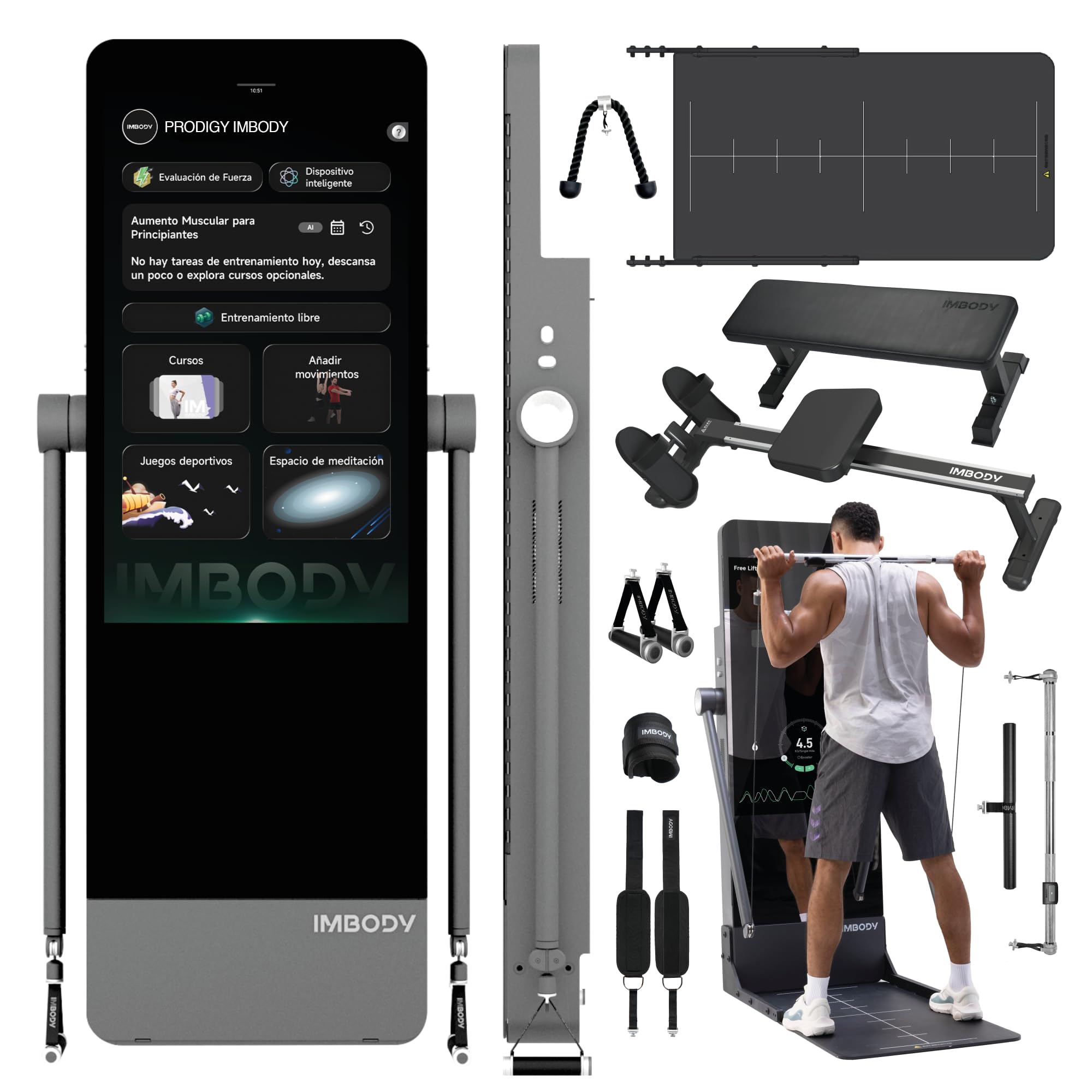 Power S Pro – Gimnasio en Casa Inteligente con Pantalla 43”, Multiestación 120 kg, 650 Entrenamientos, Spotter IA y Remo; Equivale a 260 Máquinas