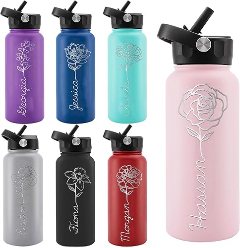 Personalized Water Bottles,Custom Water Bottle with Birth Month Flower Personalized Text Names, Gifts for Women, Customized Engraved Stainless Steel