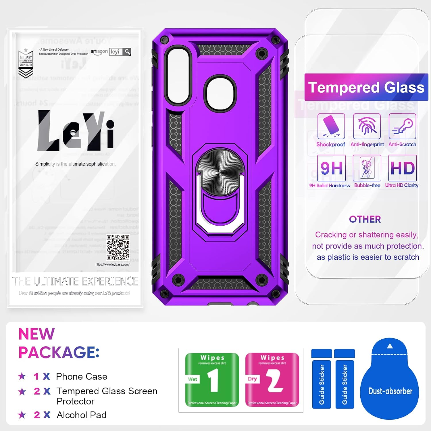 LeYi Compatible with Samsung Galaxy A20/ A30 Case, Samsung A20 Phone Case (Not Fit A20S) with Tempered Glass Screen Protector, [Military-Grade] Kickstand Cover Case for Samsung A20/ A30, Purple