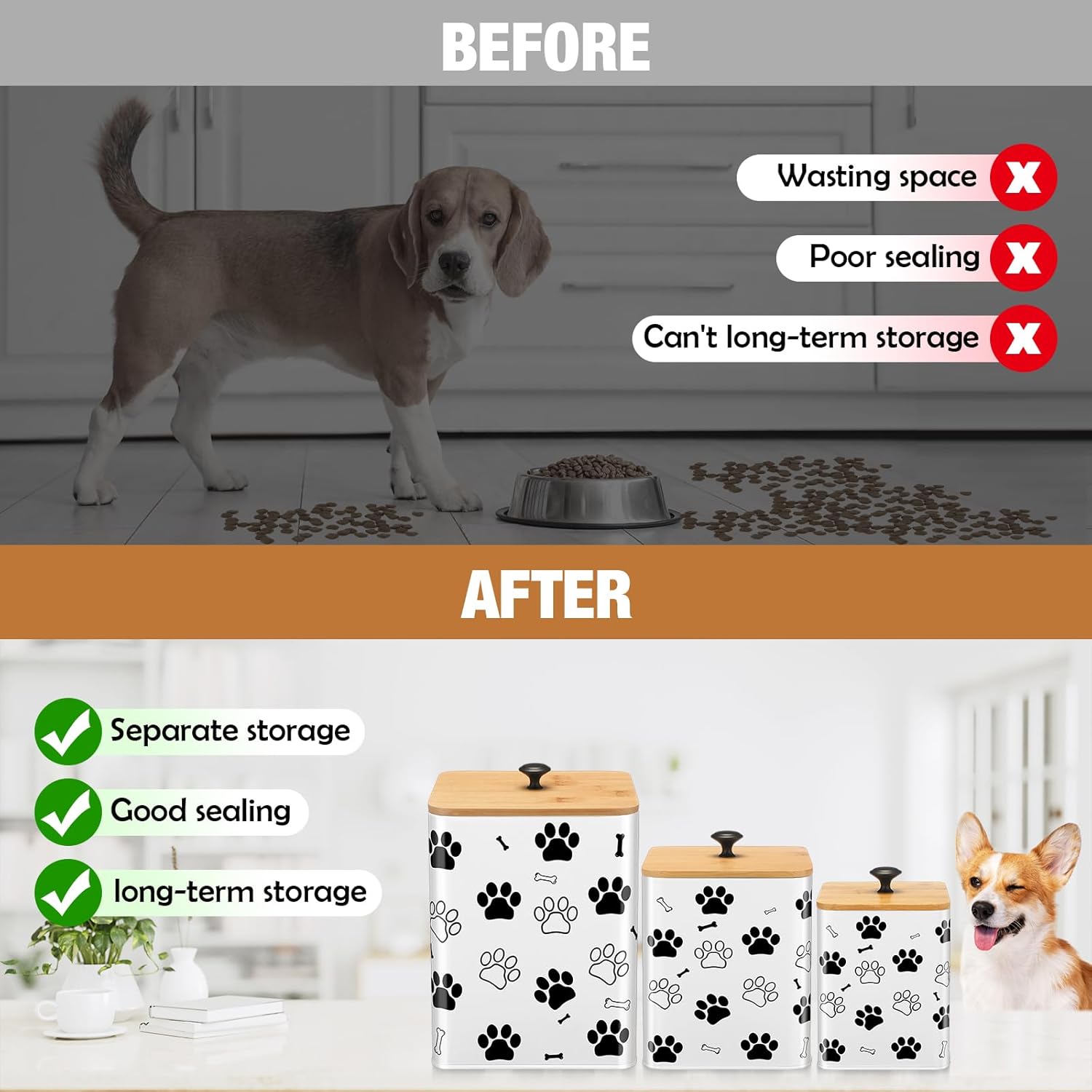 Airtight Dog Treat Container Set of 3 with Bamboo Lids Metal Treat Jars for Countertop Decorative Pet Snack Storage Canister Kitchen Biscuit Holder(White)