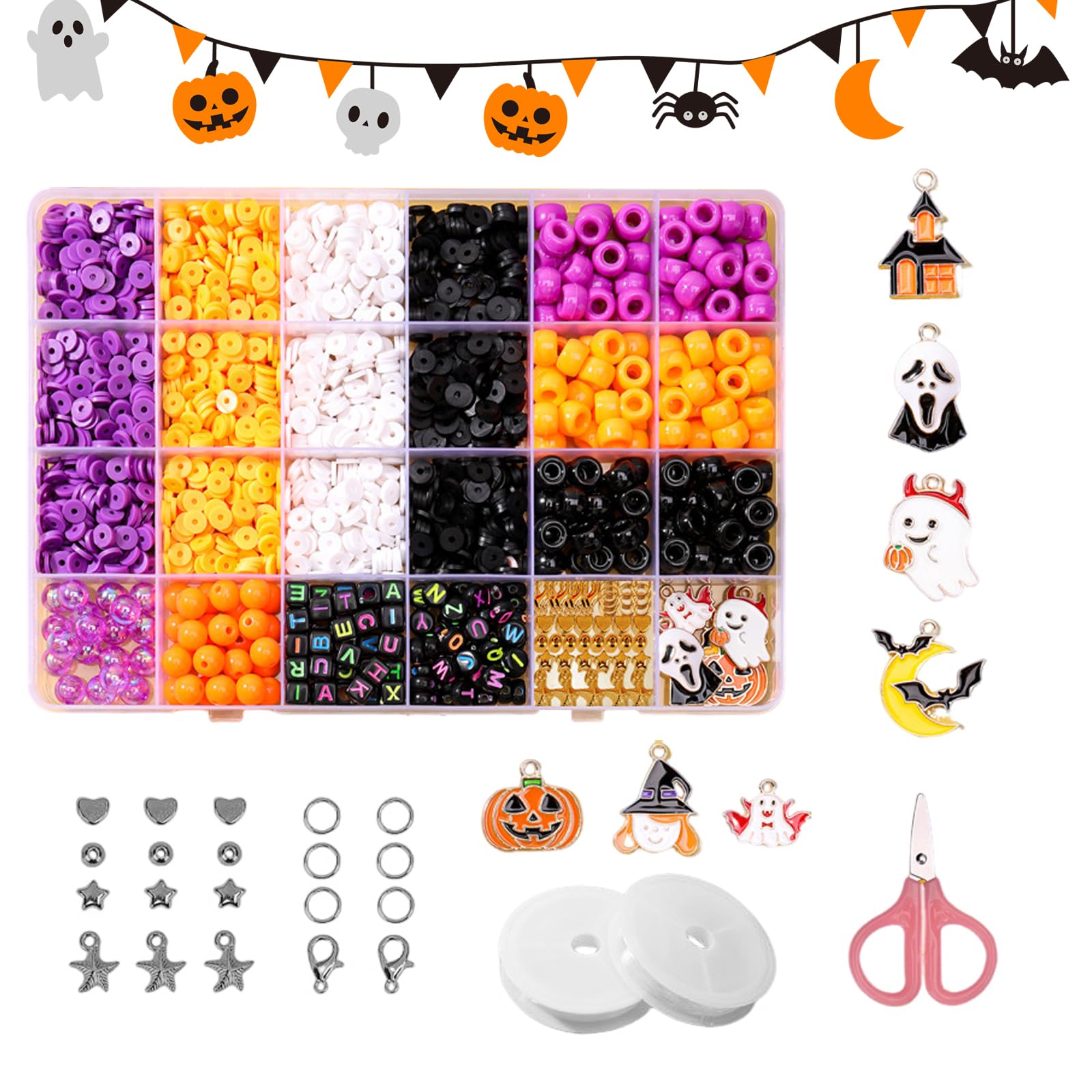 Halloween Soft Clay Beads,2160 Pcs Bracelet Making Kit with 20m Crystal Elastic String, Halloween Craft Kit DIY Red White Green Beads for Jewelry Making, Rings, Earring, Pendants, Bracelets (2160 Pcs)