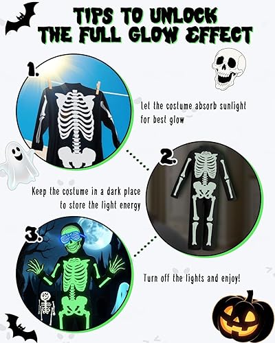 Miniatura 5 de Disfraz de esqueleto de Halloween, overol de huesos que brilla en la oscuridad con máscara y guantes para edades de 3 a 12 años (negro)