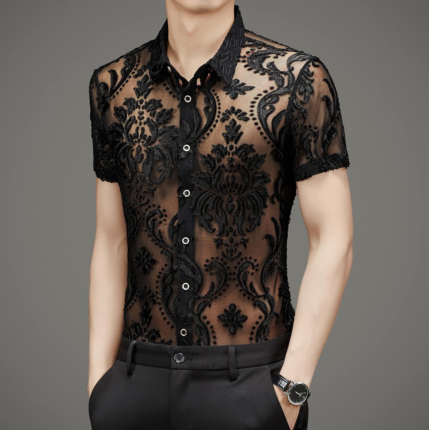 Men Women See Through Shirts Sexy Short Sleeve Night Club Fishnet Lace Shirt - Image 4