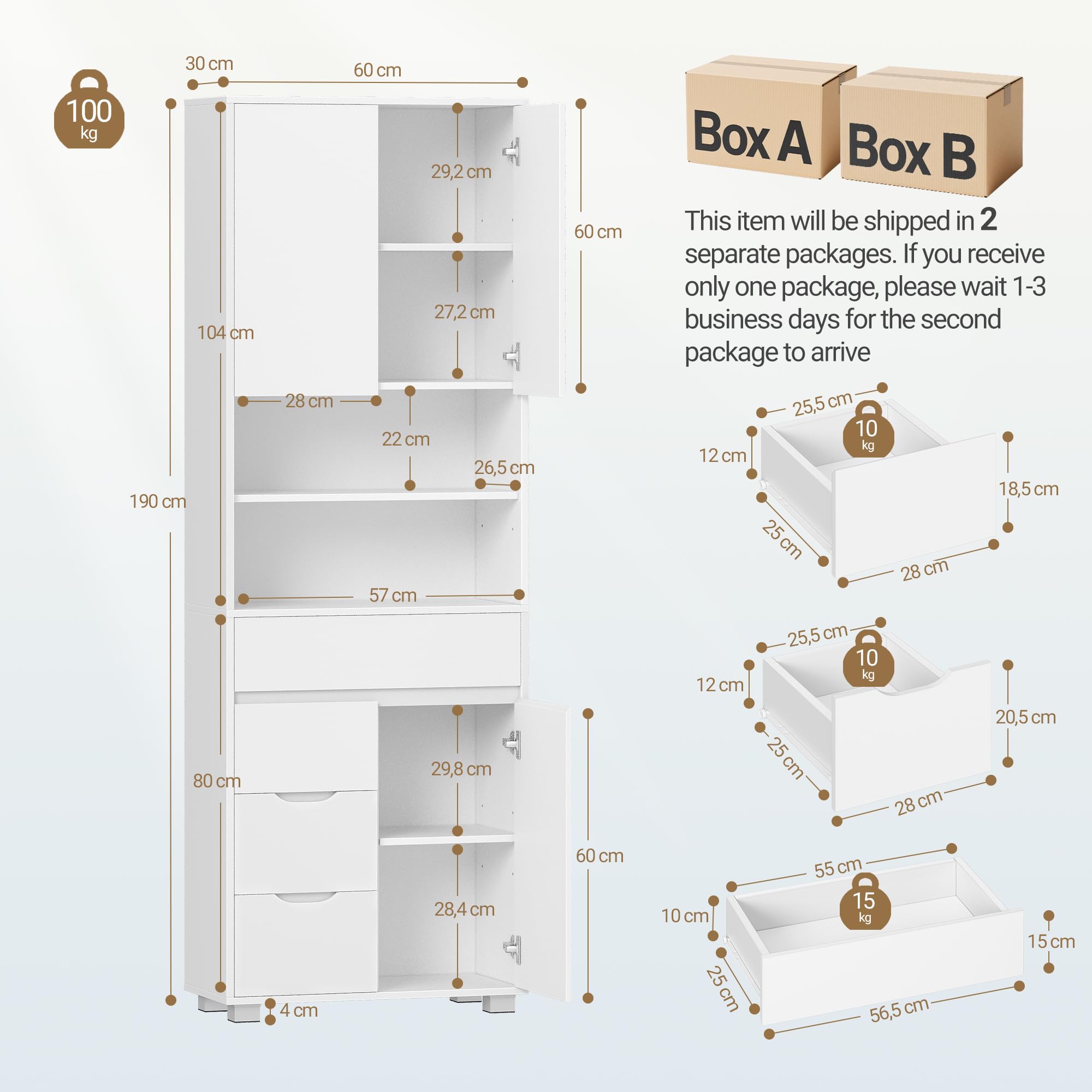 Hzuaneri Mobile Bagno, Alto, Colonna Bagno, 4 Cassetti e 3 Ante, ripiani regolabili, Ampio Spazio di Archiviazione, 30 x 60 x 190 cm, Moderno, per Soggiorno, Bagnos, Bianco SC15503X