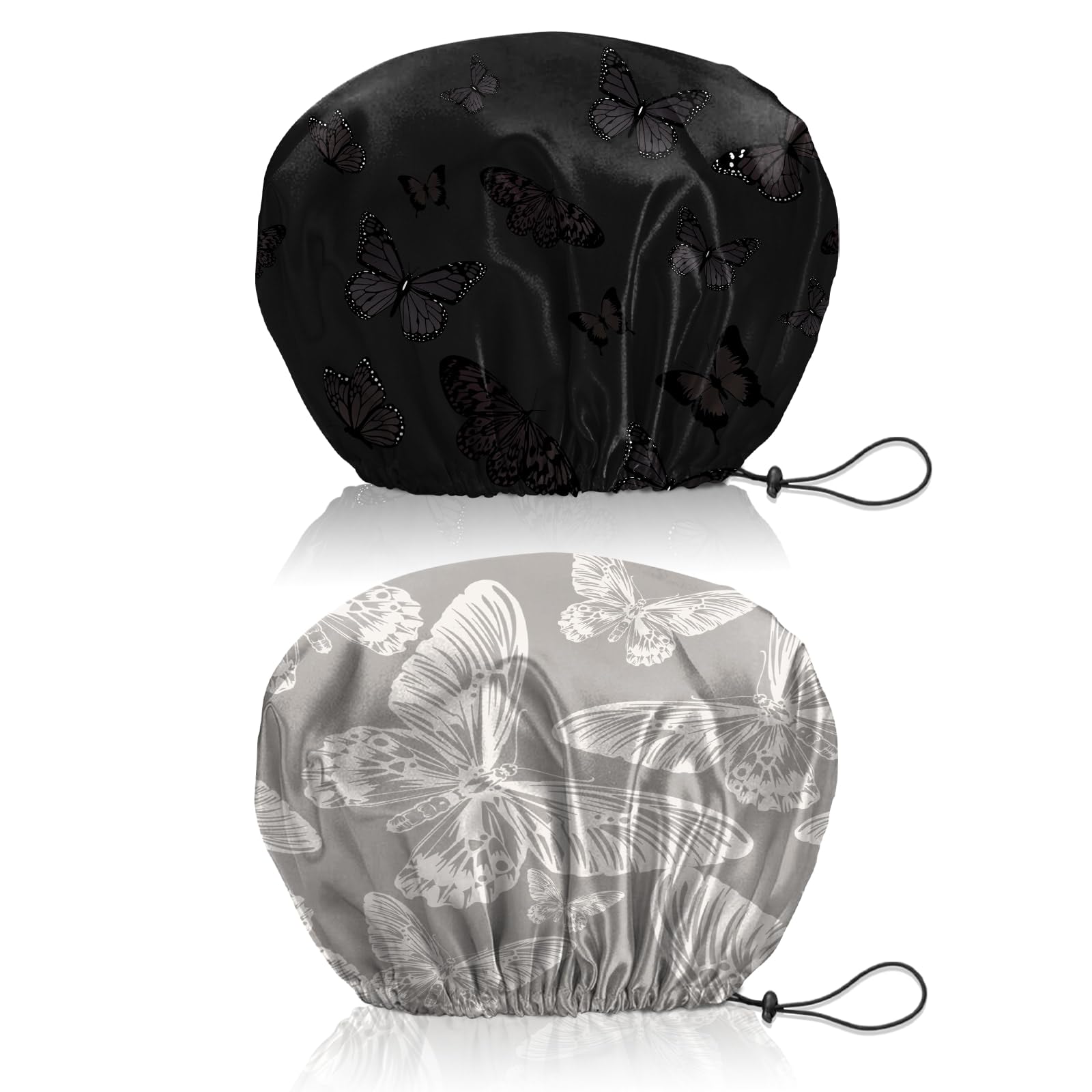 BHAHB 2 PCS Shower Cap Reusable Waterproof Double Layer Elastic Adjustable Hair Bath Caps Cute Aesthetic for Women Girls (V15-Black White Butterfly)