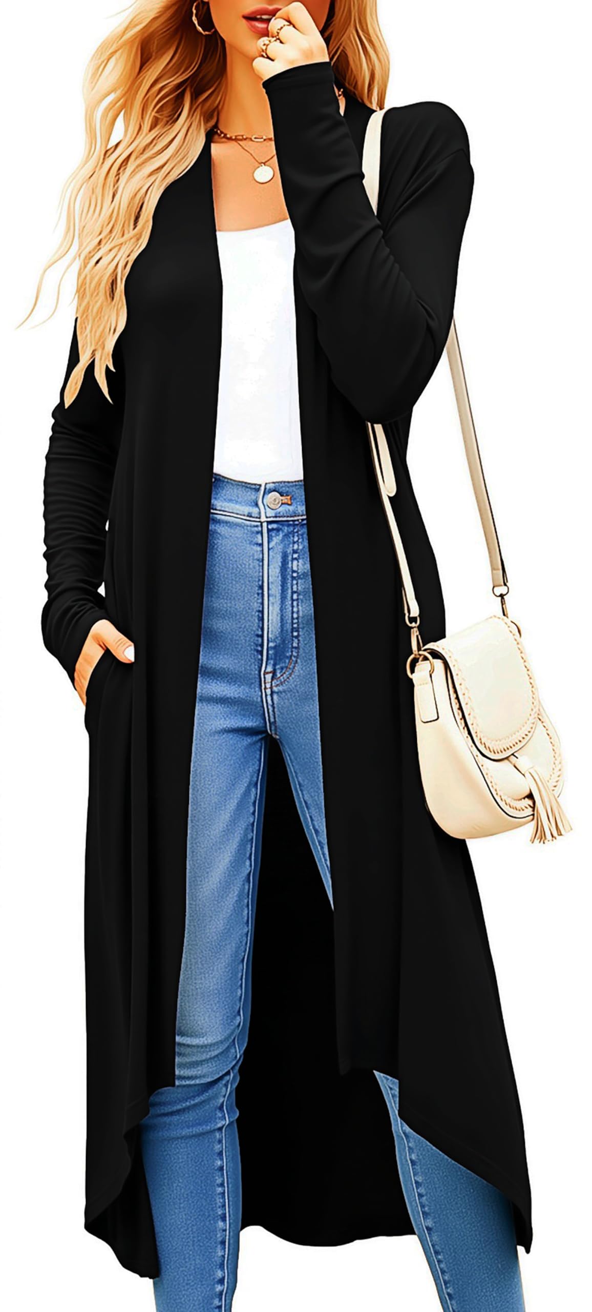 Newchoice Womens Long Cardigan Fall Casual Draped Open Front Lightweight Long Sleeve Cardigan Duster with Pockets