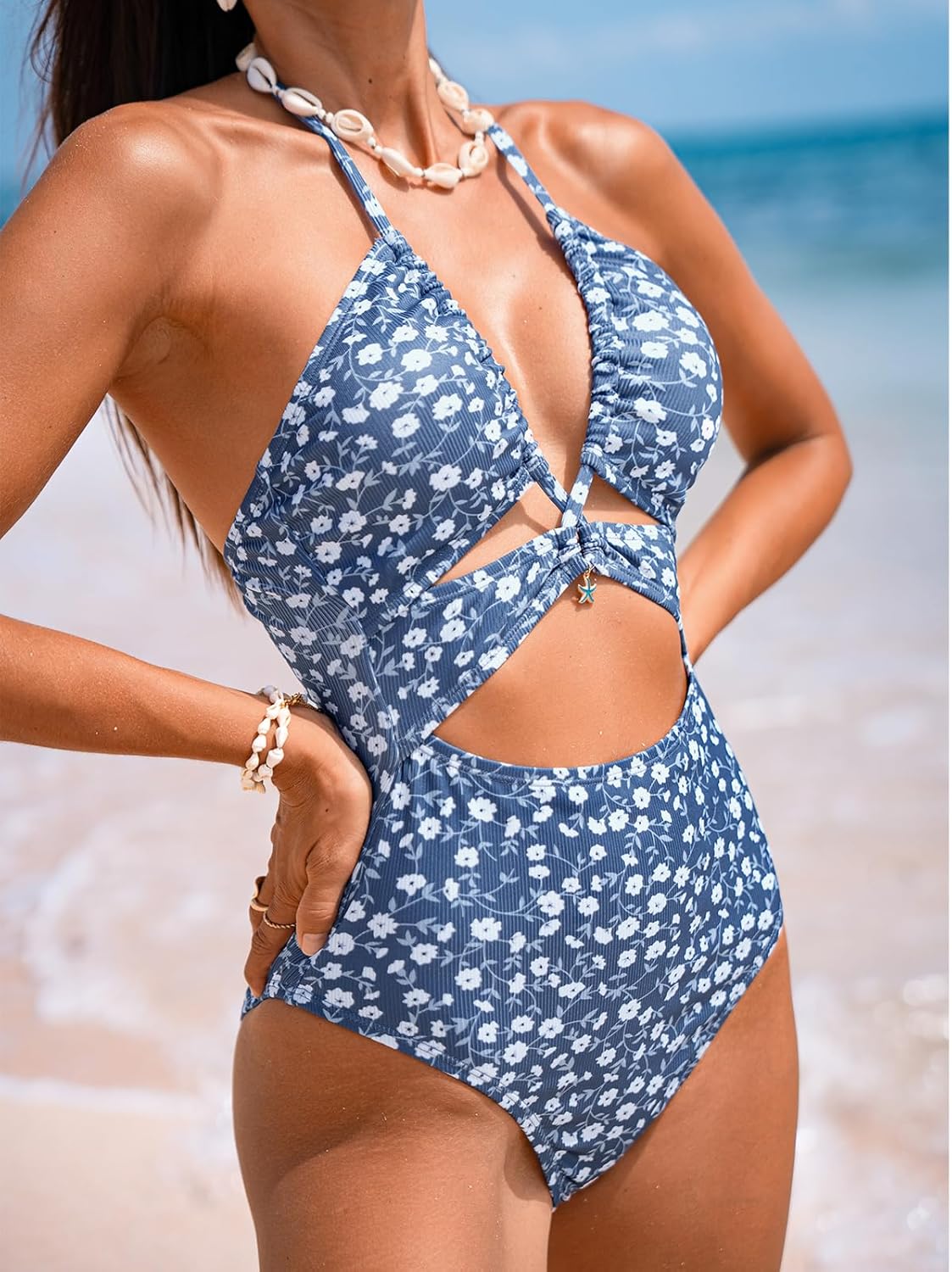 CUPSHE Women's One Piece Swimsuit Plunging Neck Bathing Suit Halter Strappy Cutout Swimwear Textured - Image 3