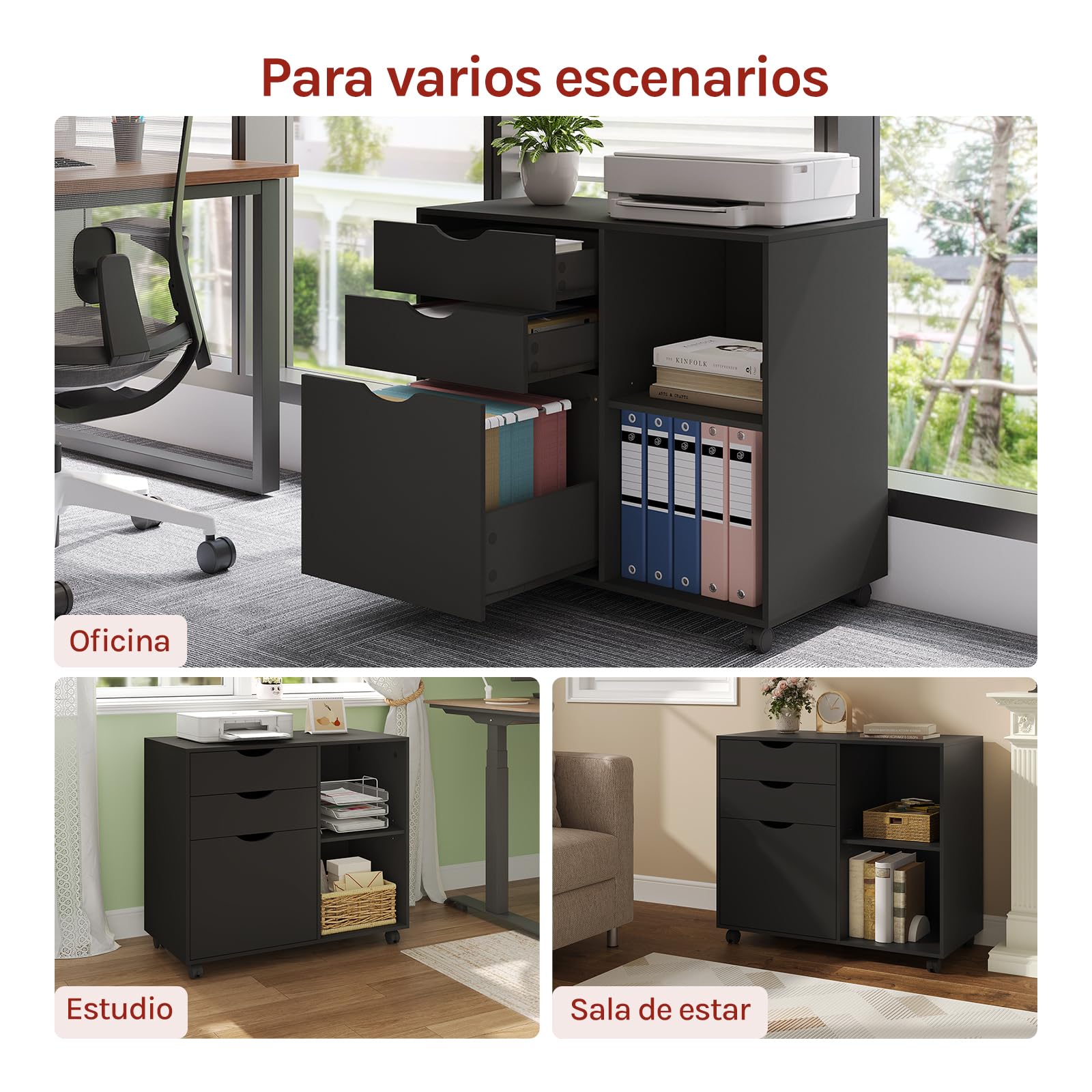 WOLTU Archivador Móvil, Cajonera de 3 Cajones y 2 Estantes Abiertos, con 5 Ruedas y Barra Colgante, Armario de Oficina para Carpetas y A4, 80x39,5x69,5 cm, Negro