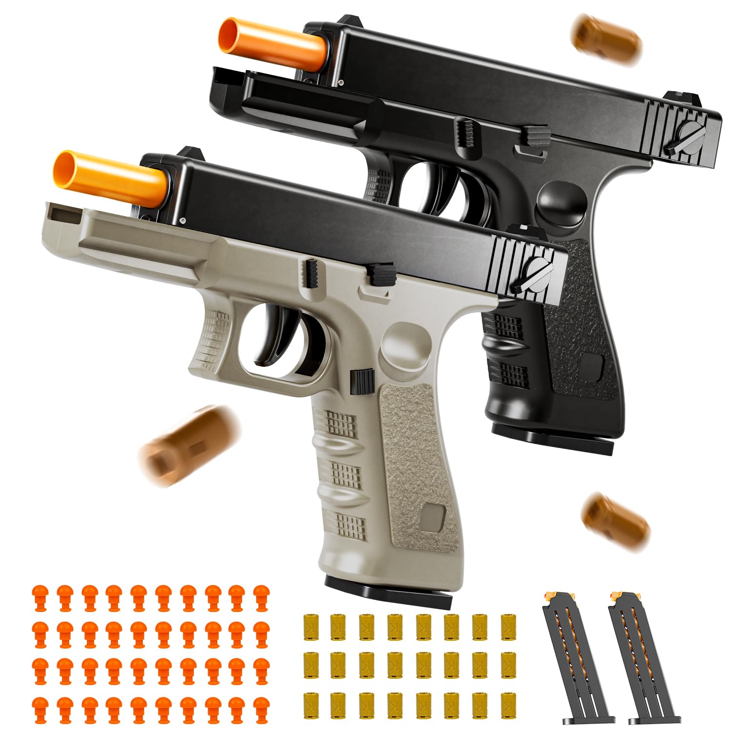 2Pack Soft Bullet Toys Gun - Semi-Automatic Handgun with Shell Ejection and Auto Rebound, Outdoor Game Toy Foam Blasters & Guns for Boys Girls Halloween Christmas Birthday Gifts (Black+Brown)
