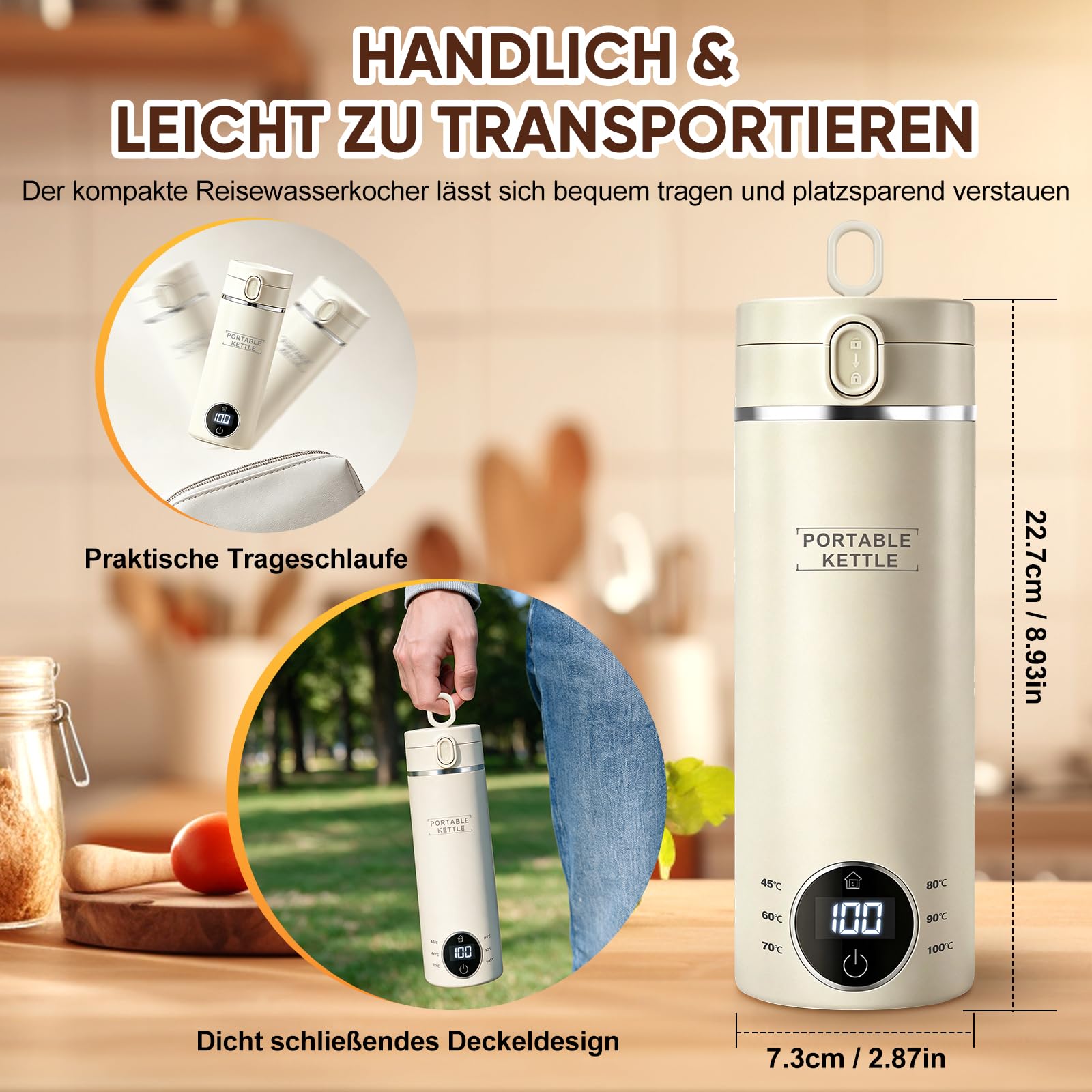 Minihervidor de agua portátil de acero inoxidable 316, 500 ml, color crema