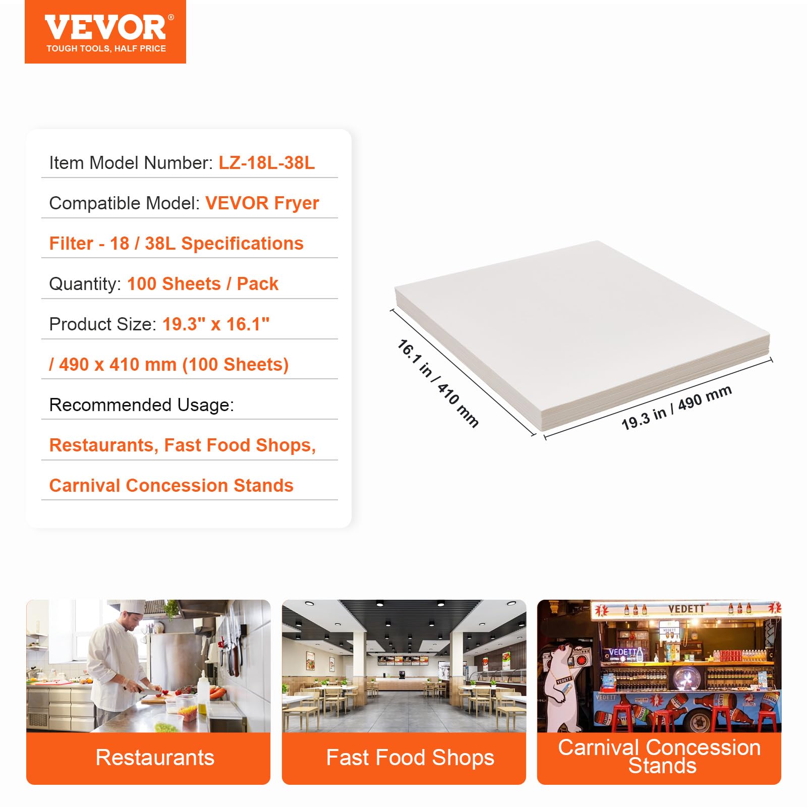 VEVOR Carta da Filtro per Friggitrice, 100 Fogli, 19,3" x 16,1", Fogli Filtranti di Ricambio per Friggitrice, Filtro per Macchina Filtrante per Friggitrice Commerciale 18L/38L, Ristorante, Fast Food