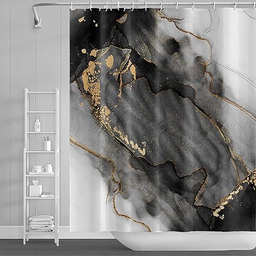 Miniatura 2 de OERJU Cortina de ducha de mármol blanco y negro de 72 x 96 pulgadas, tinta de pintura abstracta, textura de arte líquido, líneas agrietadas doradas,