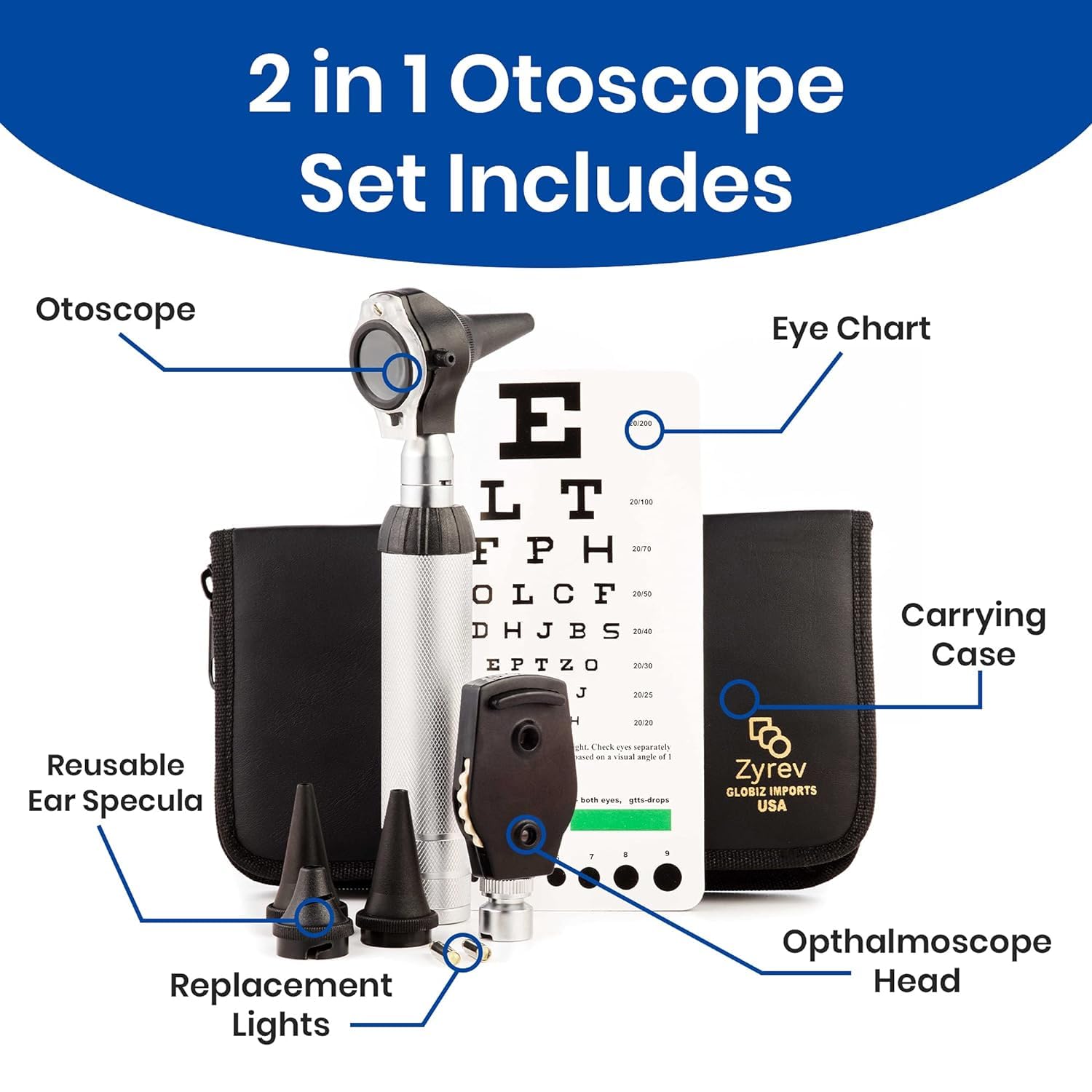 Diagram of Zyrev 2-in-1 Otoscope Set components with labels