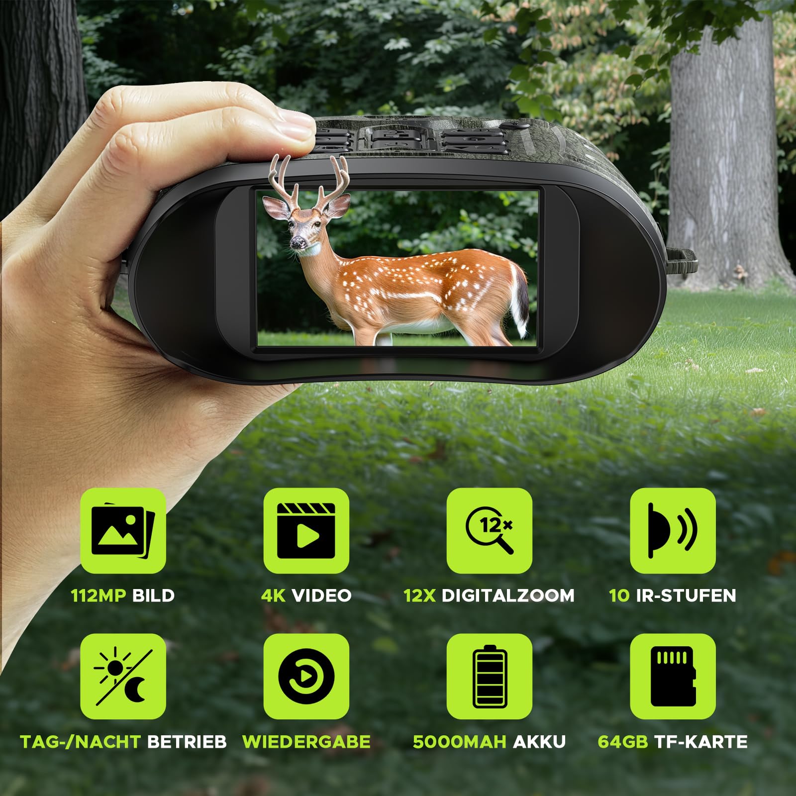 Nachtsichtgerät mit WLAN, 112MP 4K Digitales Infrarot Nachtsichtgerät 12X Zoom 450m Reichweite, 5000mAh Akku 16h Laufzeit, 32GB Speicherkarte, WLAN App Live-Ansicht für Jagd, Camping, Sicherheit
