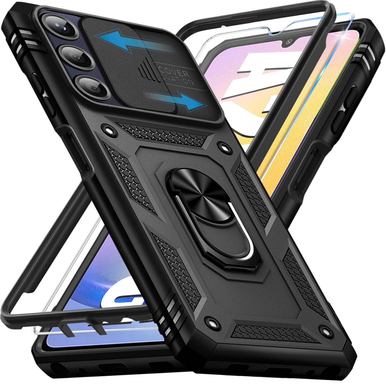 Giyer für Samsung Galaxy A25 5G Hülle mit Schutzfolie, Handyhülle A25 5G Tache mit Kameraschutz 360° Metall Ring Ständer Stoßfest Bumper Outdoor Schutzhülle Samsung A25 Case Cover (Schwarz)