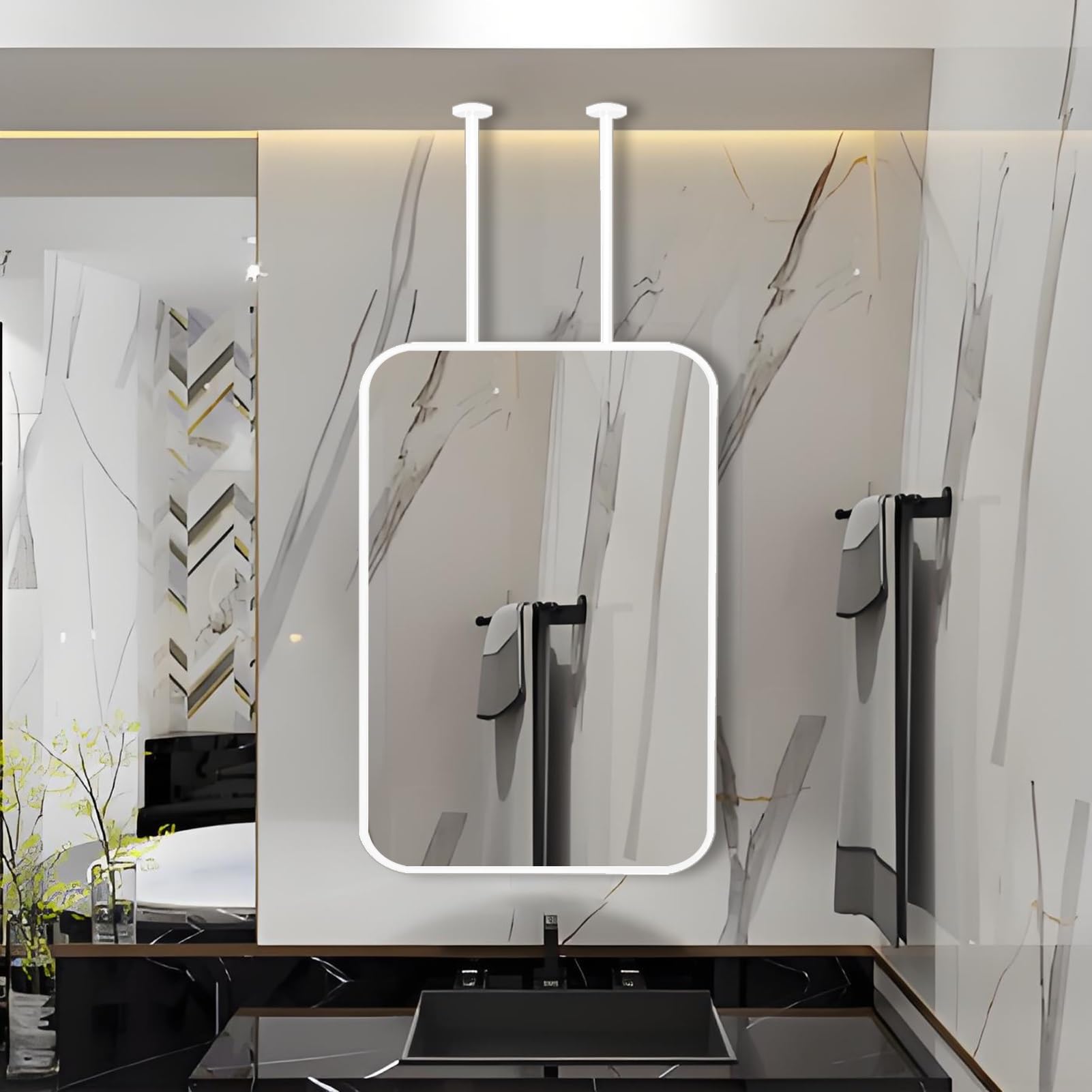 FGXHHS White Hanging Metal Rod Mirror, Frame and Ceiling Floating Boom Mirror for Bathroom Living Room Wall Rounded Rectangle Mirror(Customizable Boom)(50cmx70cm)