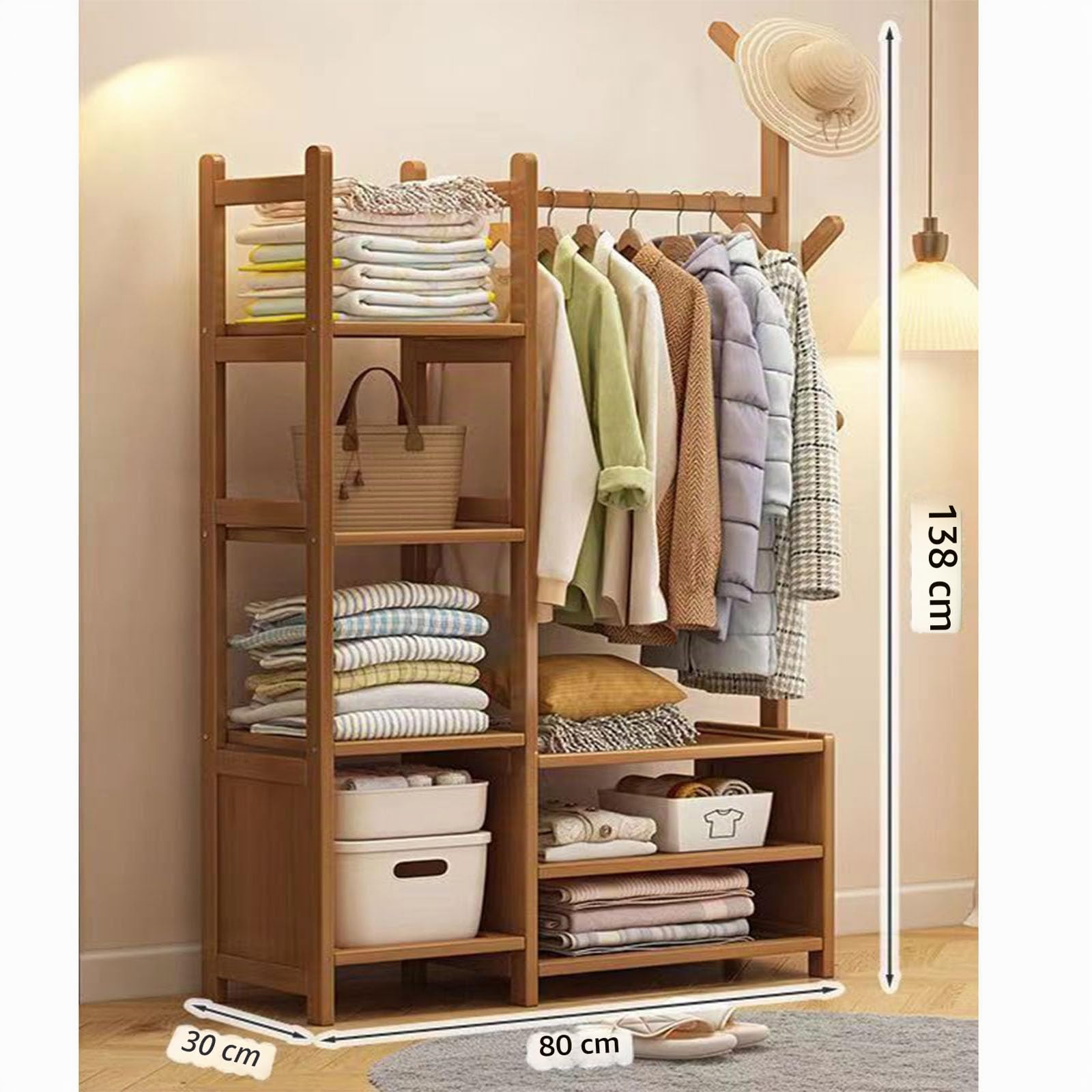 Percha de bambú Abierta, Armario Estable Multifuncional, con cajones y Ganchos de Ropa, Adecuada para dormitorios, vestuarios (Door 80cm/32in#)