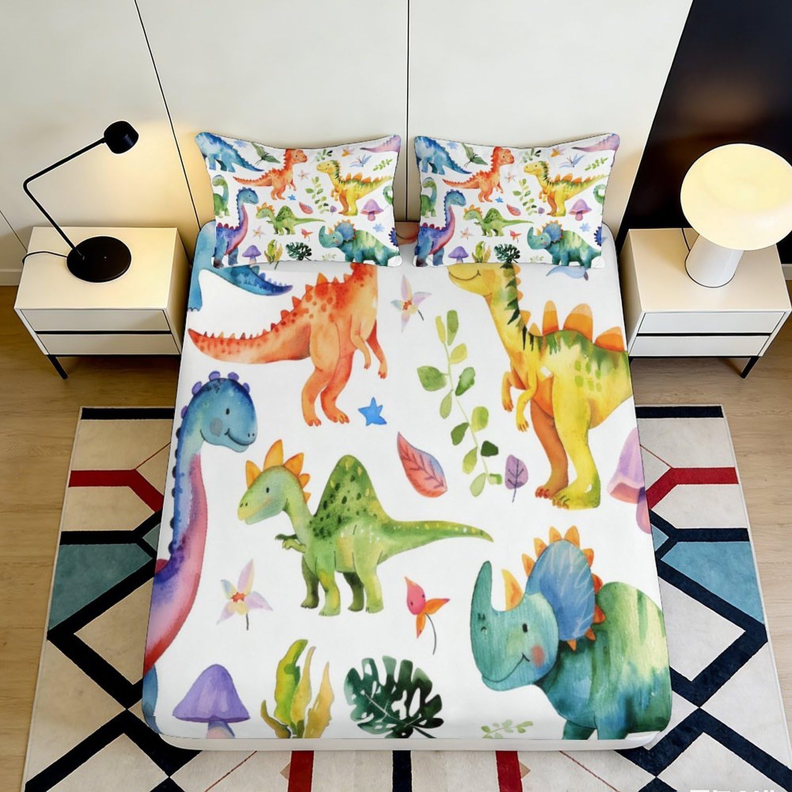 3D Printed Dinosaur Jungle Fitted Sheet Microfiber Soft Colourful Cartoon Bed Sheet for Bedroom Guest Room Decor 90x200x25cm