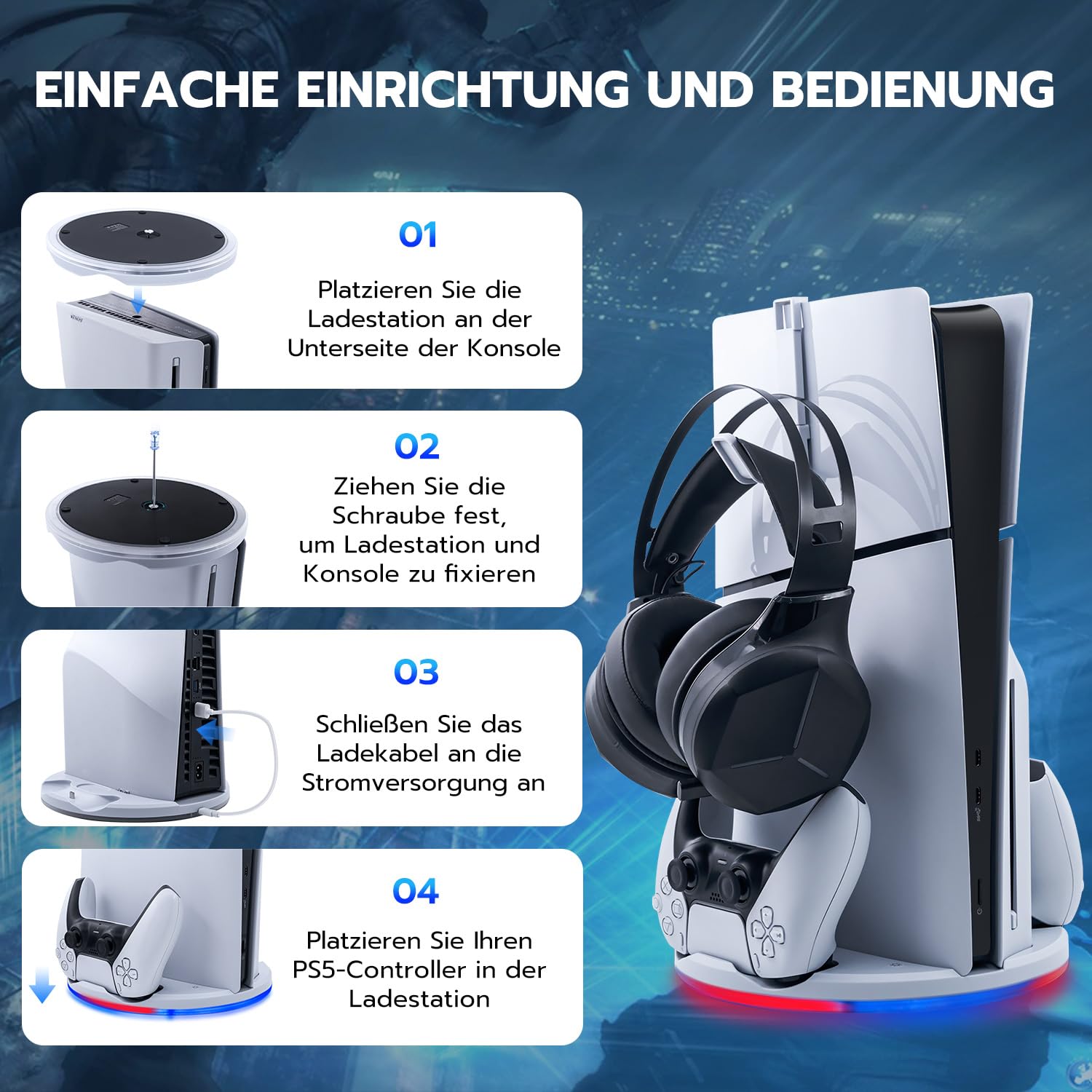 Vertikale Standfuß nur für PS5 Slim, LED Base Station für PS5 Dual Controller Ladestation Dock mit Headset Halterung für PS5 Slim Disc and Digital Editions -Nicht für PS5/PS5 Pro