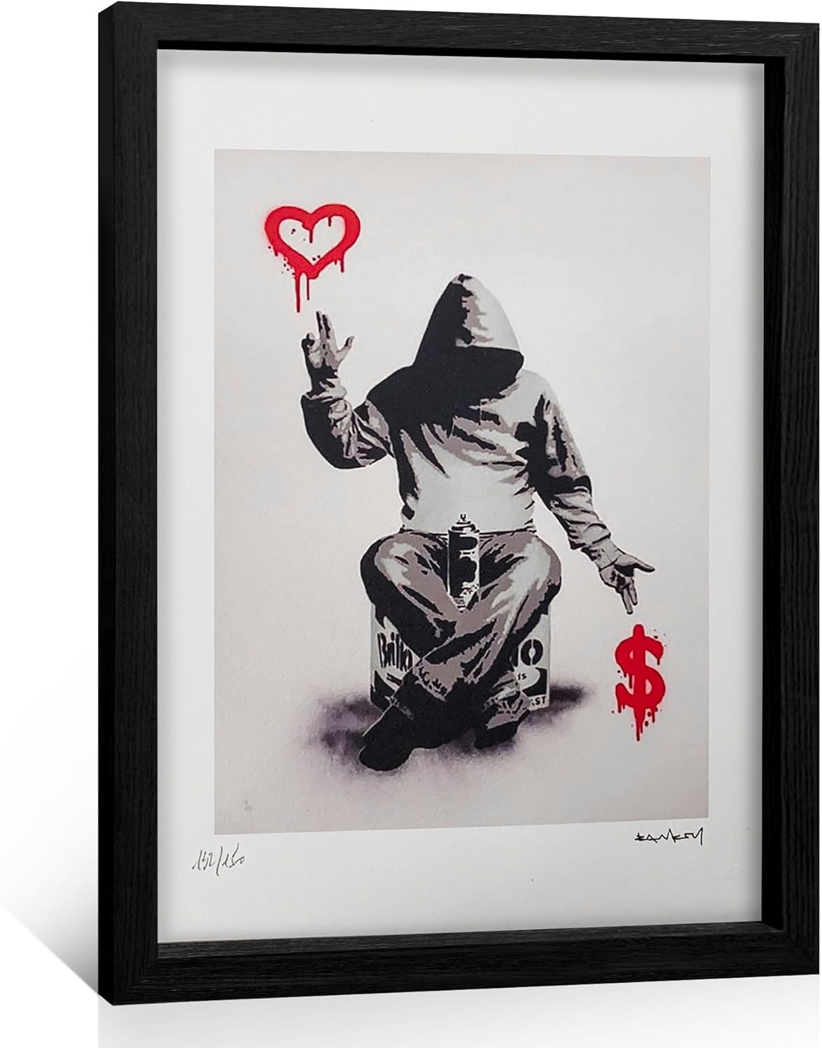 OVVGVV Quick Shipping Framed Banksy Wall Decor, Love Over Money Hoodie Men Minimalist Positive Graffiti Street Art for Bedroom, Living Room, Office-New Year Valentine's Day Gift for Men(16x24in,Type2