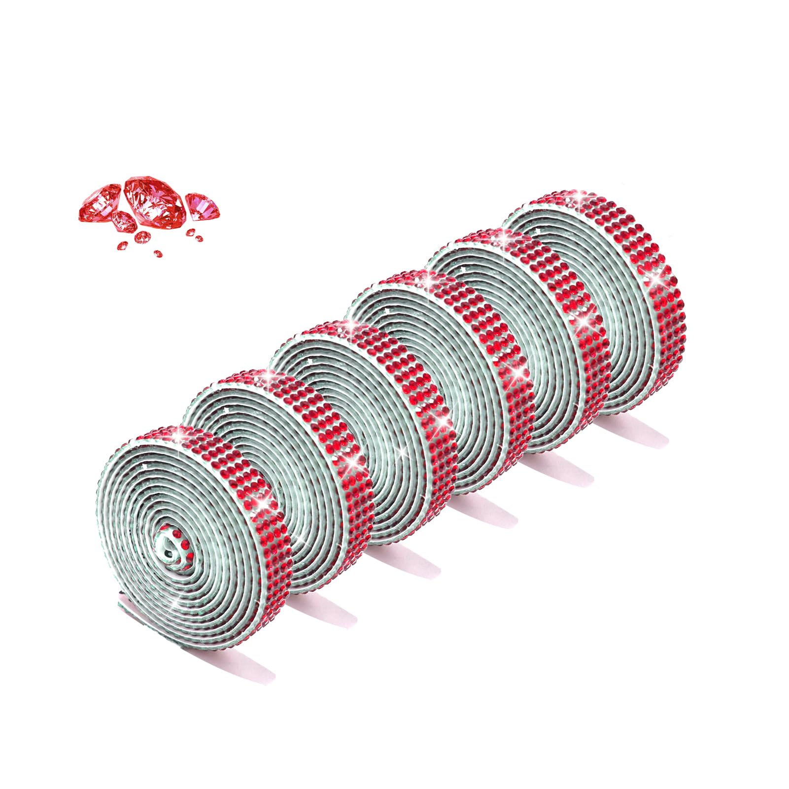 ZMD 6Rolls Self Adhesive Red Crystal Rhinestone Strips, Diamond Ribbon Sticker Bling Glitte Tape Rhinestones Roll Bedazzling Strips for Arts Crafts,