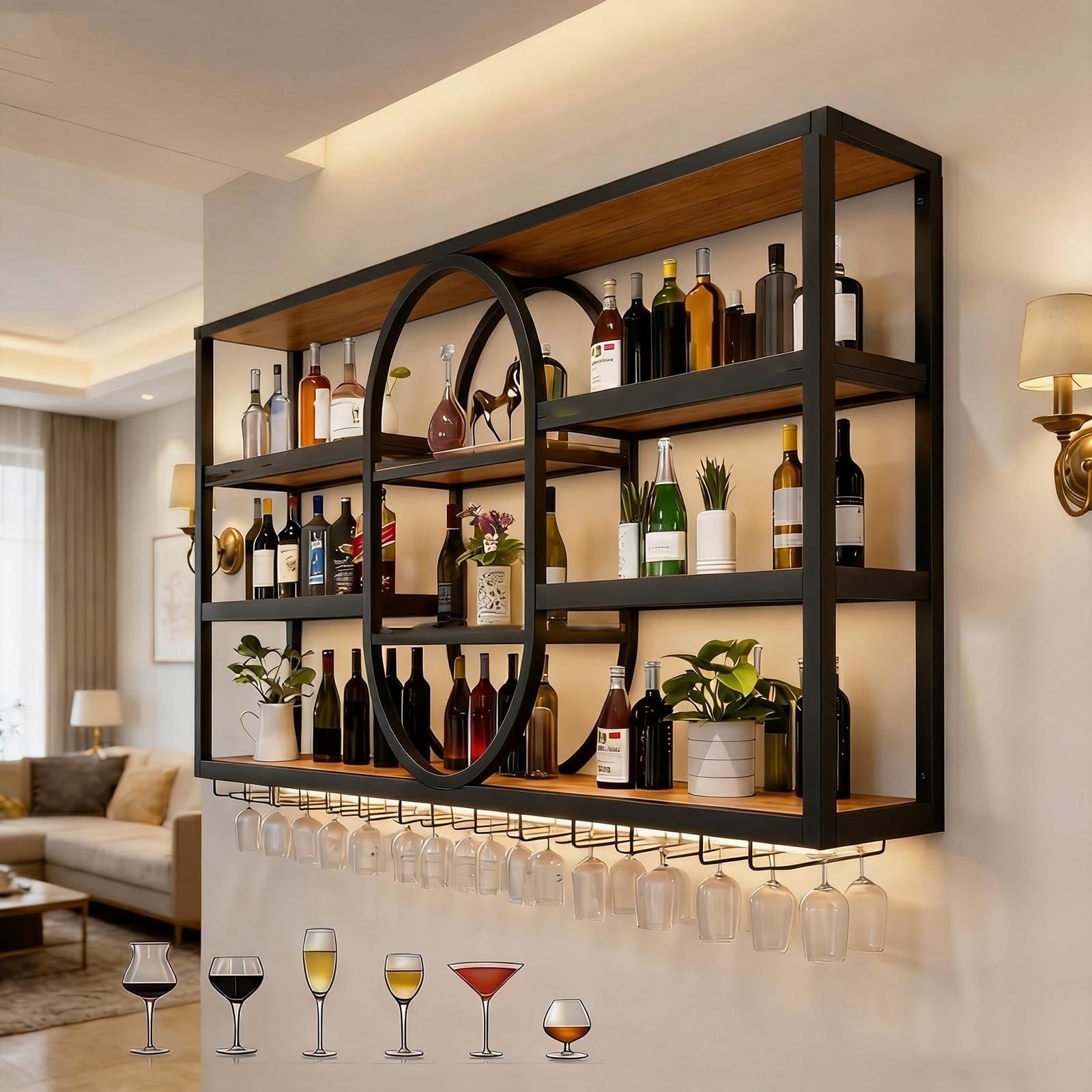 Portabottiglie da parete in metallo in stile industriale, portabottiglie a tre livelli, espositore ovale multifunzionale da parete per vino, portabottiglie sospeso (Nero, 140 * 20 * 120cm)