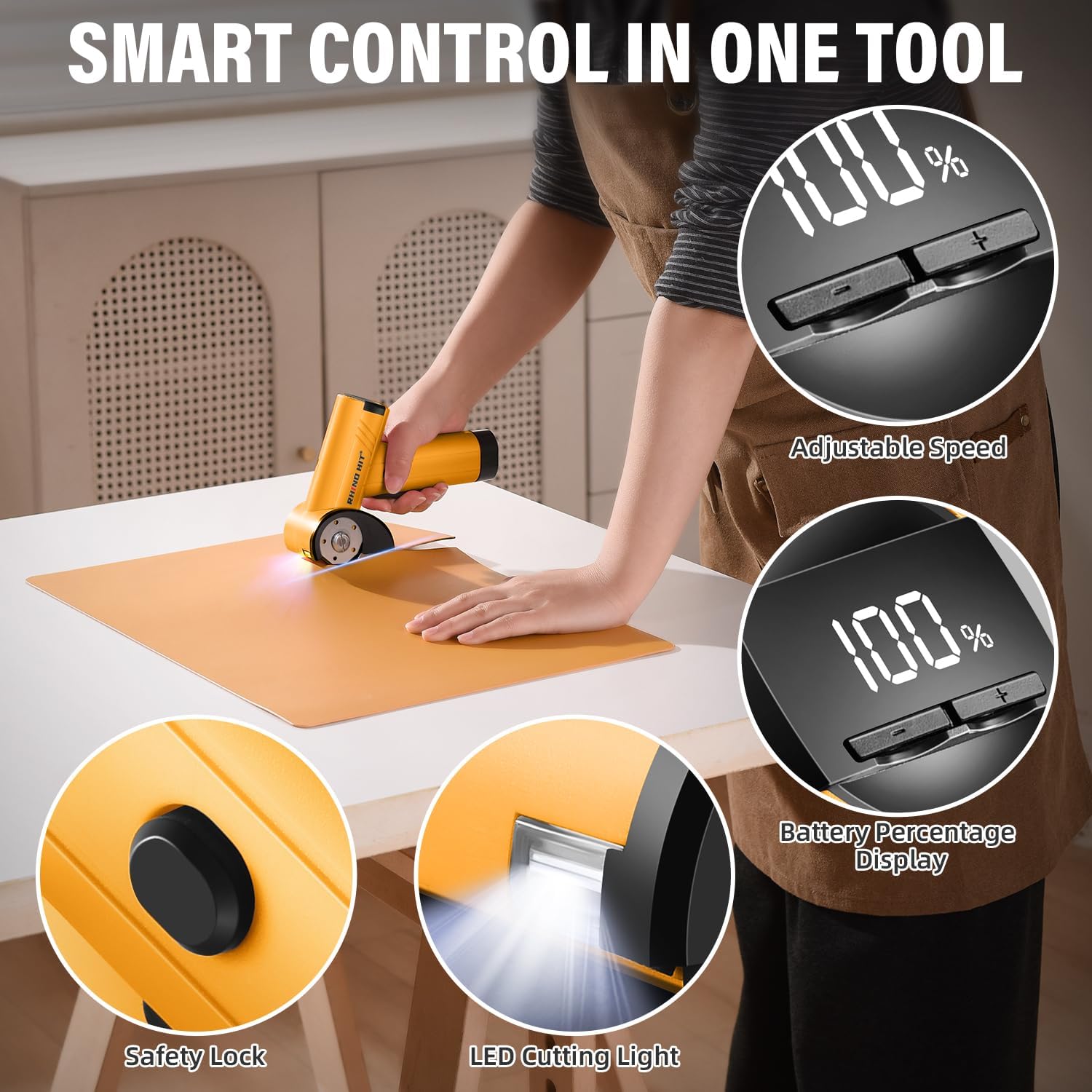 Cordless Electric Scissors, Rechargeable Rotary Cardboard Cutter with LED Light & Safety Lock, 4-Speed Adjustable, 3 Blades for Fabric, Carpet, Leather & Carton, with Storage Case(yellow)