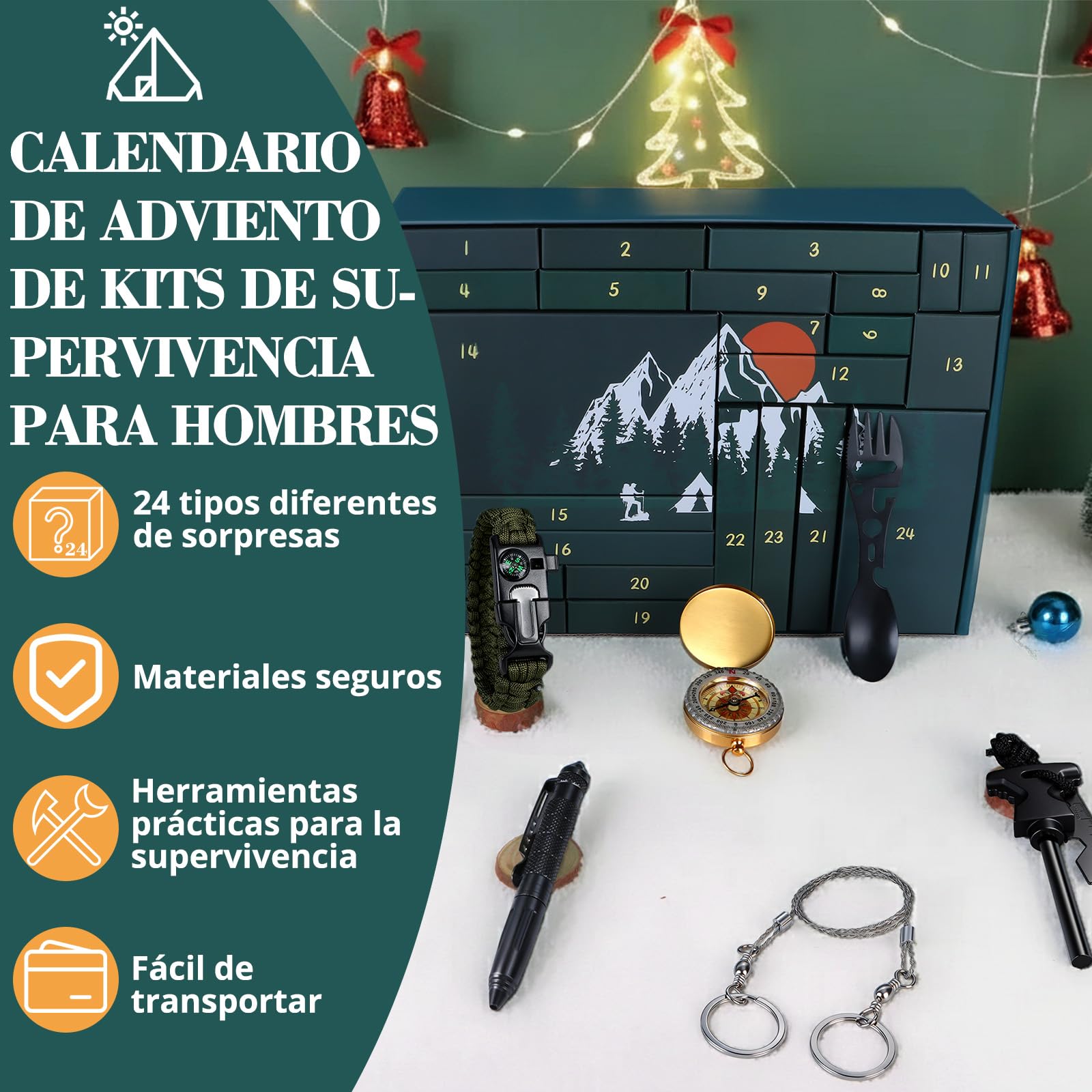 BuzzoXerex Calendario de Adviento 2025 Hombre, 24 PCS Kit de Supervivencia para Camping