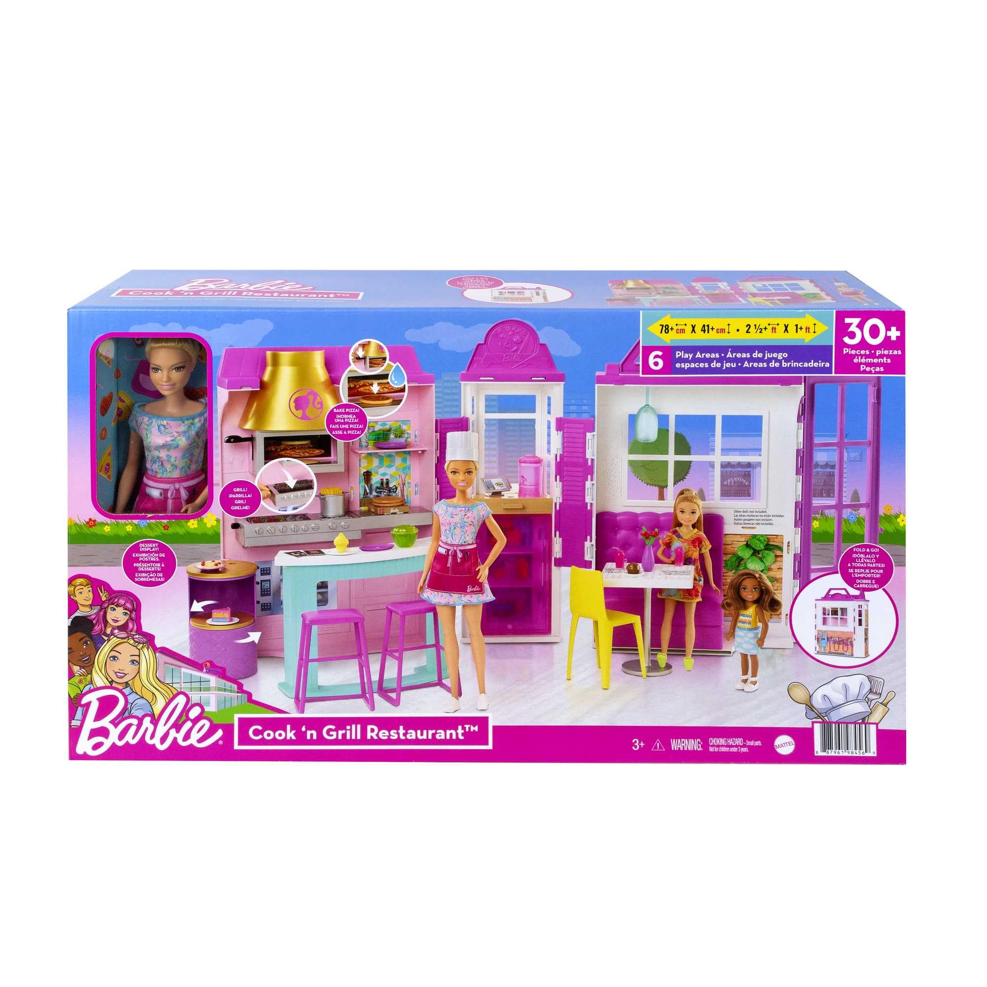 Barbie Restaurante Muñeca Rubia con con Cocina de Juguete y Accesorios, Regalo para niñas y niños +3 años (Mattel HBB91)