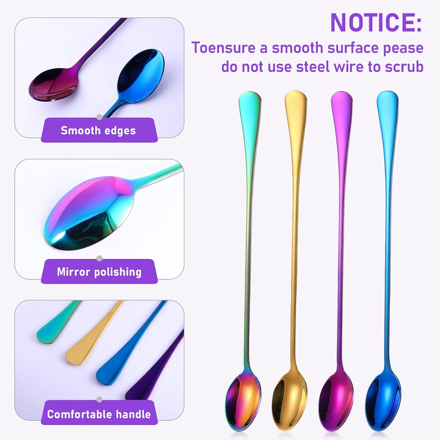 4PCS Ice Tea Spoons, 9.5-Inch Stainless Steel Long Spoon for Stirring, Ergonomic Handles Bar Spoon for Iced Tea, Tce Cream, Coffee, Cocktails, Milk Teas, Milkshakes