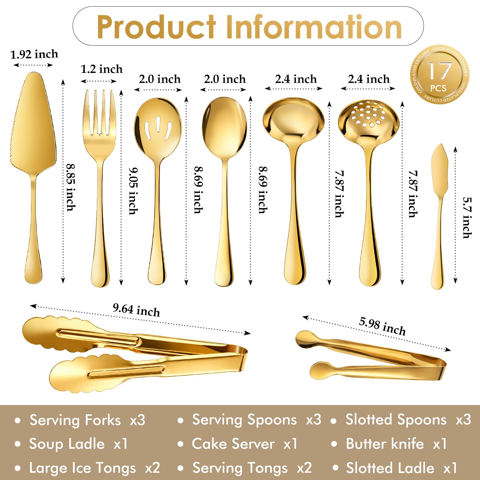 Gold Serving Utensil Set - 17 Piece Stainless Steel -5