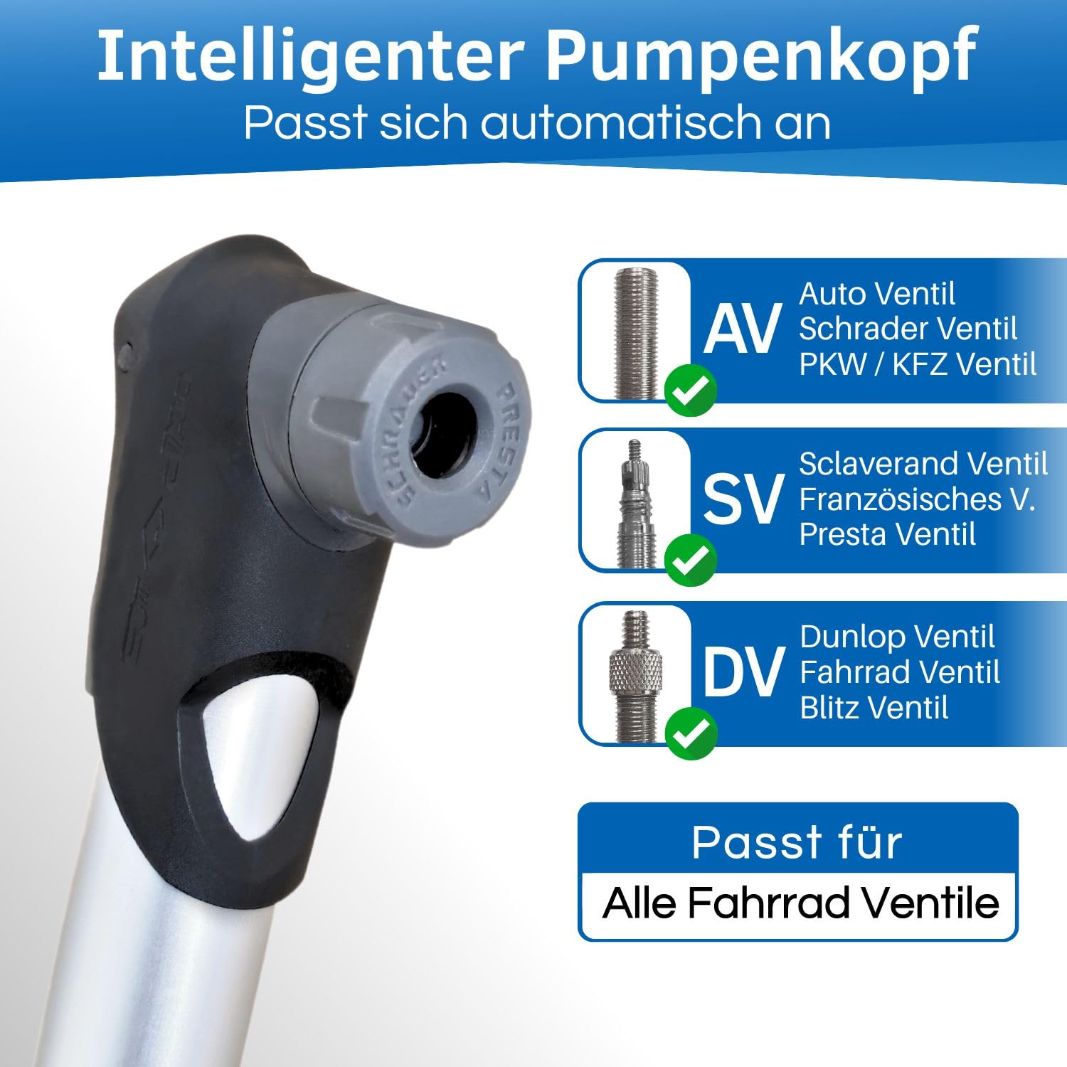 HiLo sports Mini Fahrradpumpe für alle Ventile- [Intelligenter Pumpenkopf] - Automatischer Ventil Wechsel - 6 Bar Mini Luftpumpe