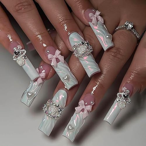 RUOKEXIN Long Square Press on Nails French Tip Fake Nails Blue False Nails with 3D Flower Bow Heart Designs Long Square Glue on Nails Sparkly Artificial Nails Cute Stick on Nails for Women 24Pcs - Long Style-C5C34