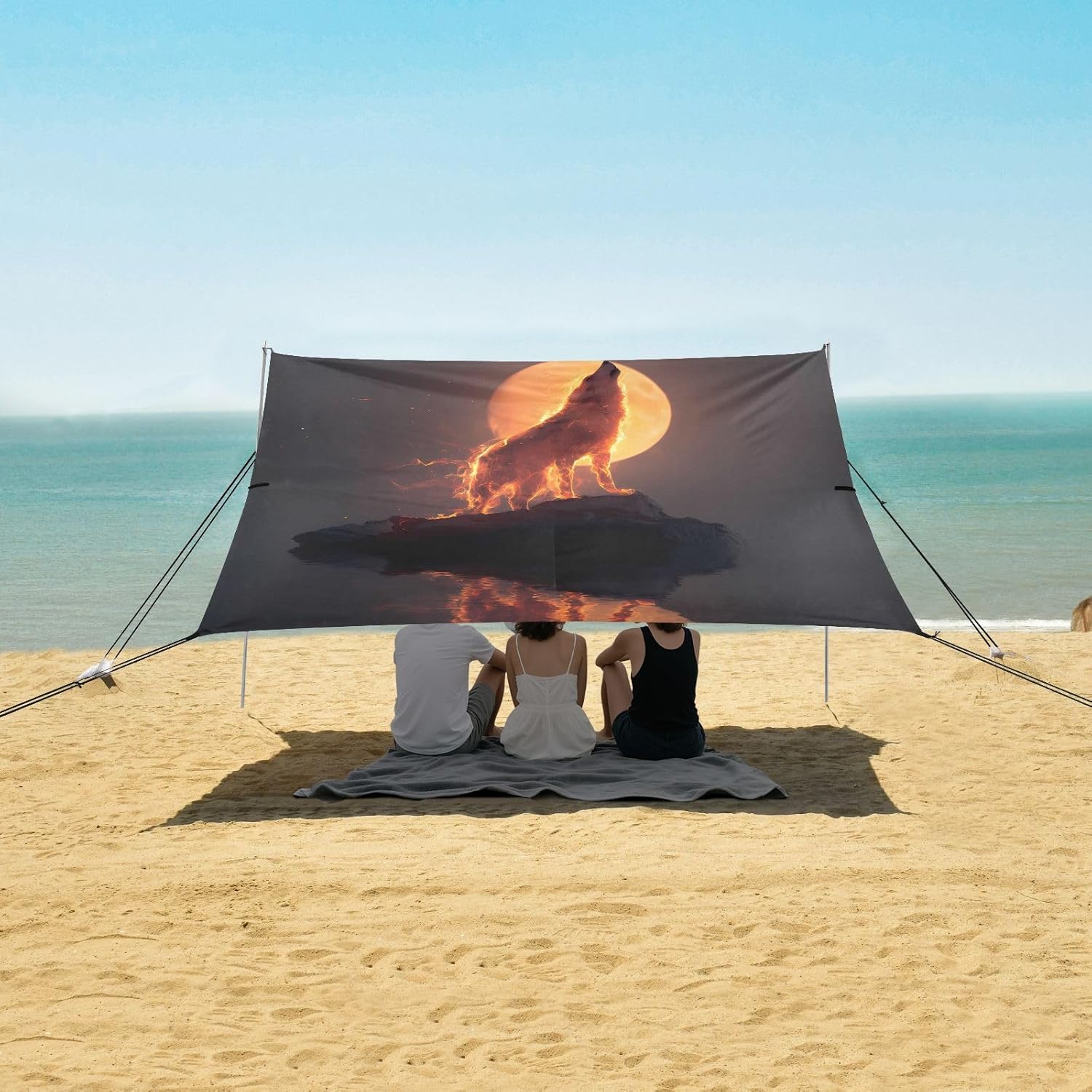 ALAZA Wolf Howling Moon Beach Tent Sun Shelter UPF50+ Protection Beach Shade Canopy w/ 4 Sandbags for Outdoor Camping, Fishing, Backyard Fun, Picnic, 10x9 ft