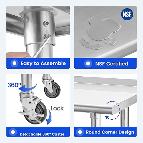Miniatura 5 de Mesa de acero inoxidable para preparación y trabajo, con ruedas giratorias, mesa resistente, comercial NSF, con estante inferior y protector para