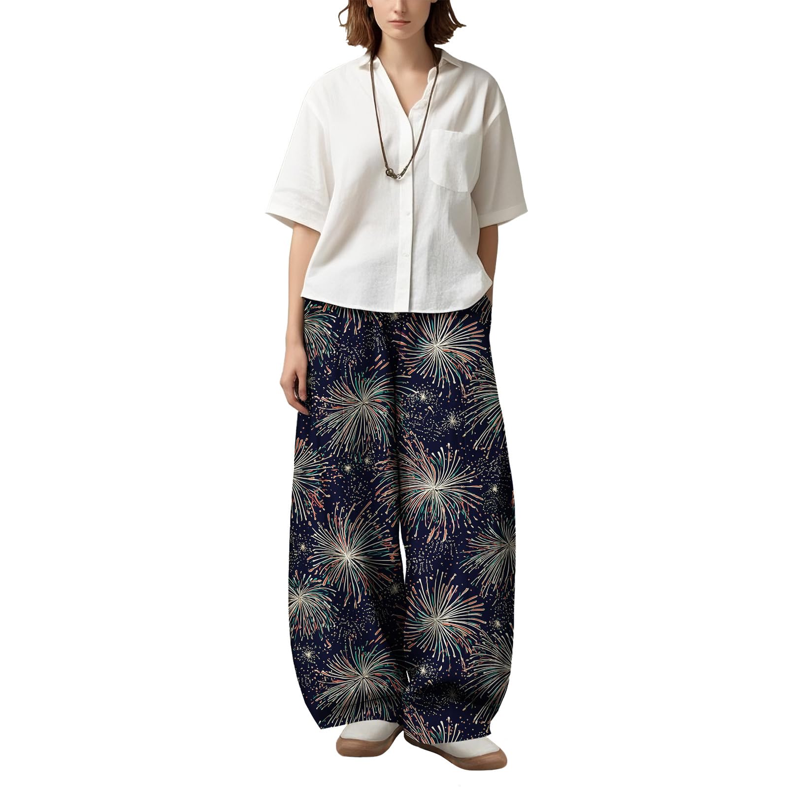Zaswen Women's Oversize Loose Fit Breathable Pants Wide Leg Lounge Pants Fashion Casual Fireworks Print Trousers with Pockets