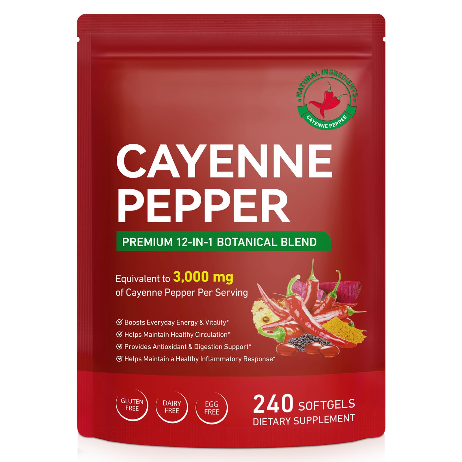 Cayenne Pepper Softgels Supplement,Cayenne Pepper Capsules with Vitamins D3+K2 and Extracts of Grape Seed,Hawthorn,Beetroot,Supports Healthy Circulation 240 Softgels 240 Count (Pack of 1)