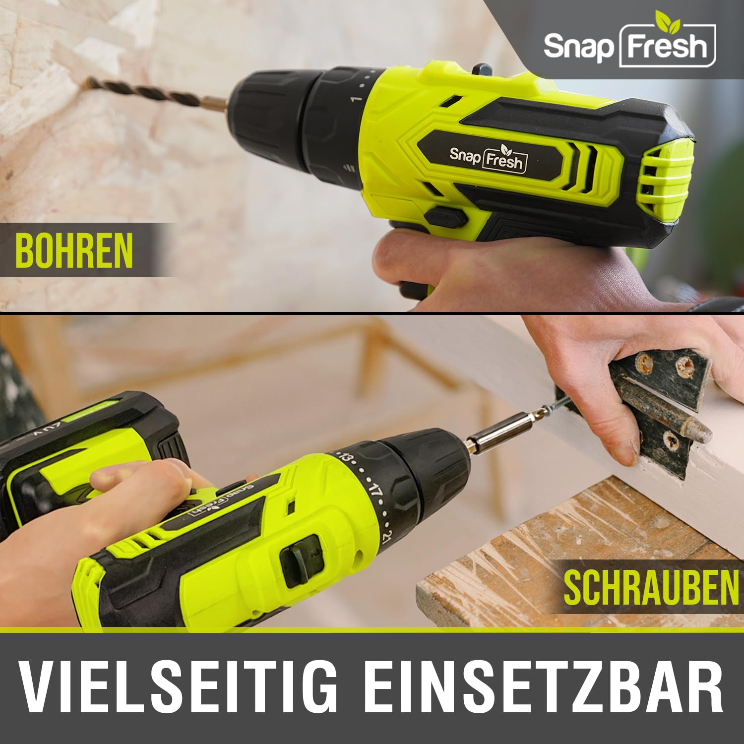SnapFresh Akkuschrauber, Akku-Bohrschrauber Set 20V, Nur 0,8kg, 35N·m Drehmoment, 2-Gang, LED-Licht, 43tlg Zubehör & Koffer, inkl. 2.0Ah Akku – Leicht & Kompakt für DIY & Reparaturen