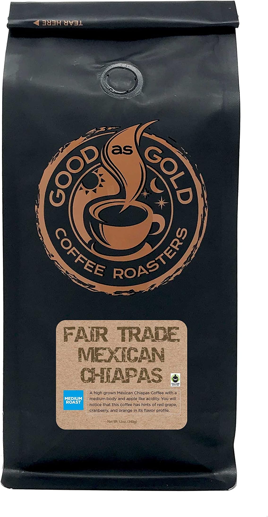 Mexican Chiapas Coffee Beans (12oz), Fair Trade, Medium Roast, Good As Gold Coffee Roasters