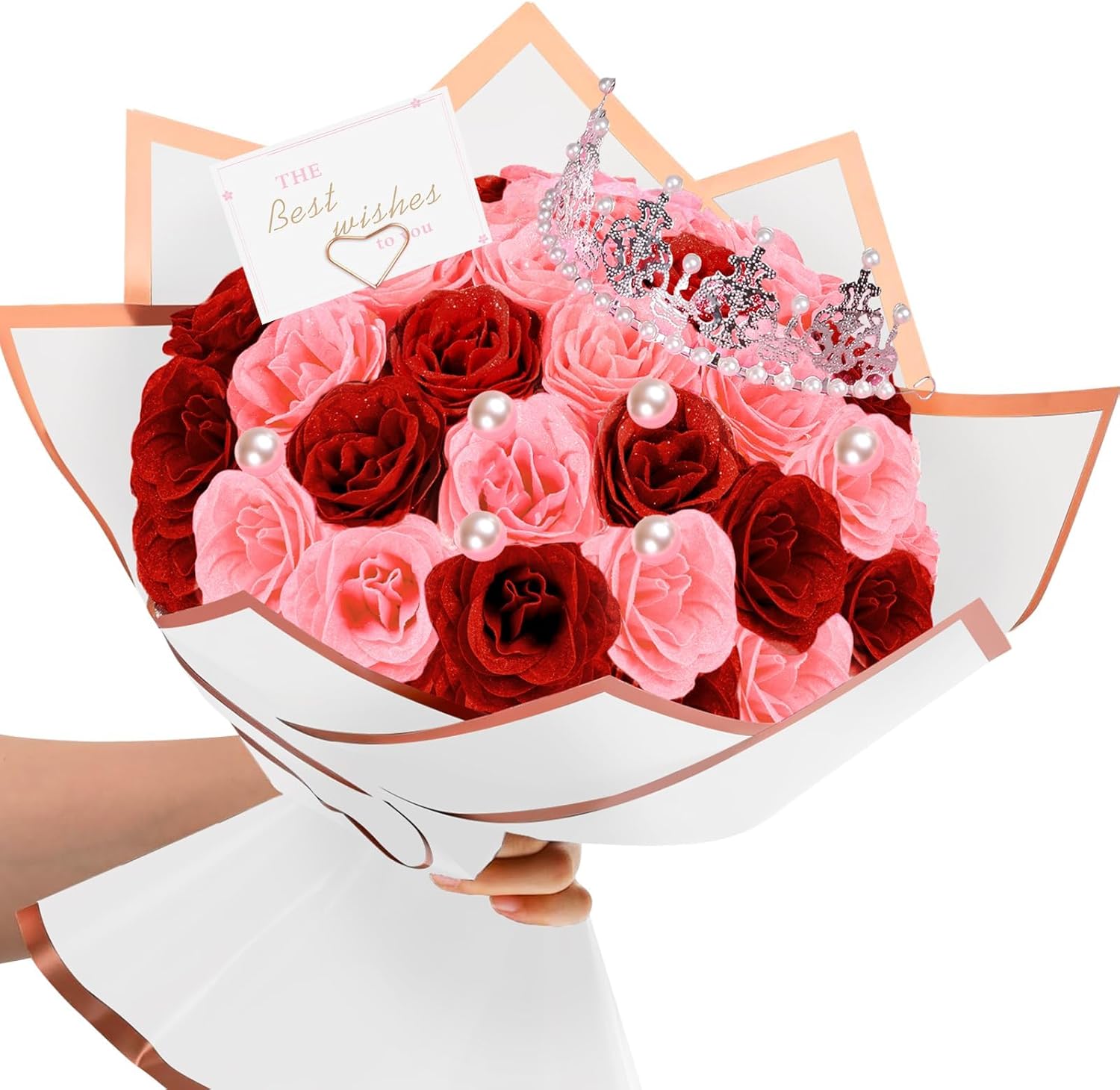 TLY Glitter Roses Bouquet Pink and Red Flower Bouquet DIY Fake Roses Flowers with Wrapping Paper Crowns Cards Artificial Rose Flowers for Valentines Day Mothers Day Anniversary Engagement Wedding