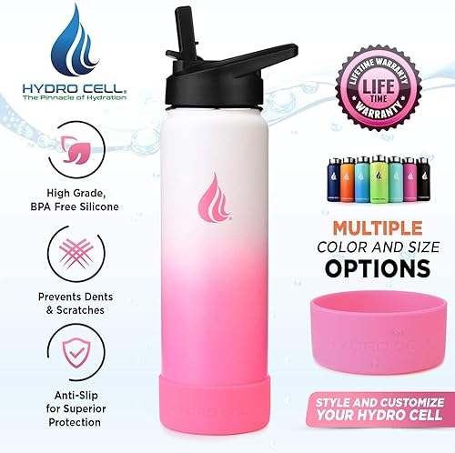 Miniatura 7 de HYDRO CELL Botella de agua de acero inoxidable con sorbete y tapa ancha de boca (rosa/blanco, 14 onzas con funda inferior de silicona protectora