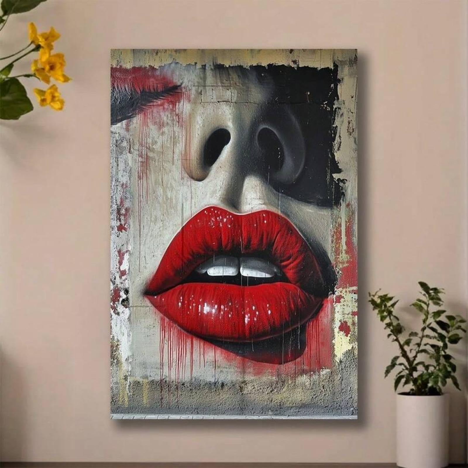 CAOXTART Stampa artistica su tela con donna sexy e labbra rosse, poster musicale, stampe su tela, poster, quadri decorativi, pittura estetica, 50x70 cm con cornice